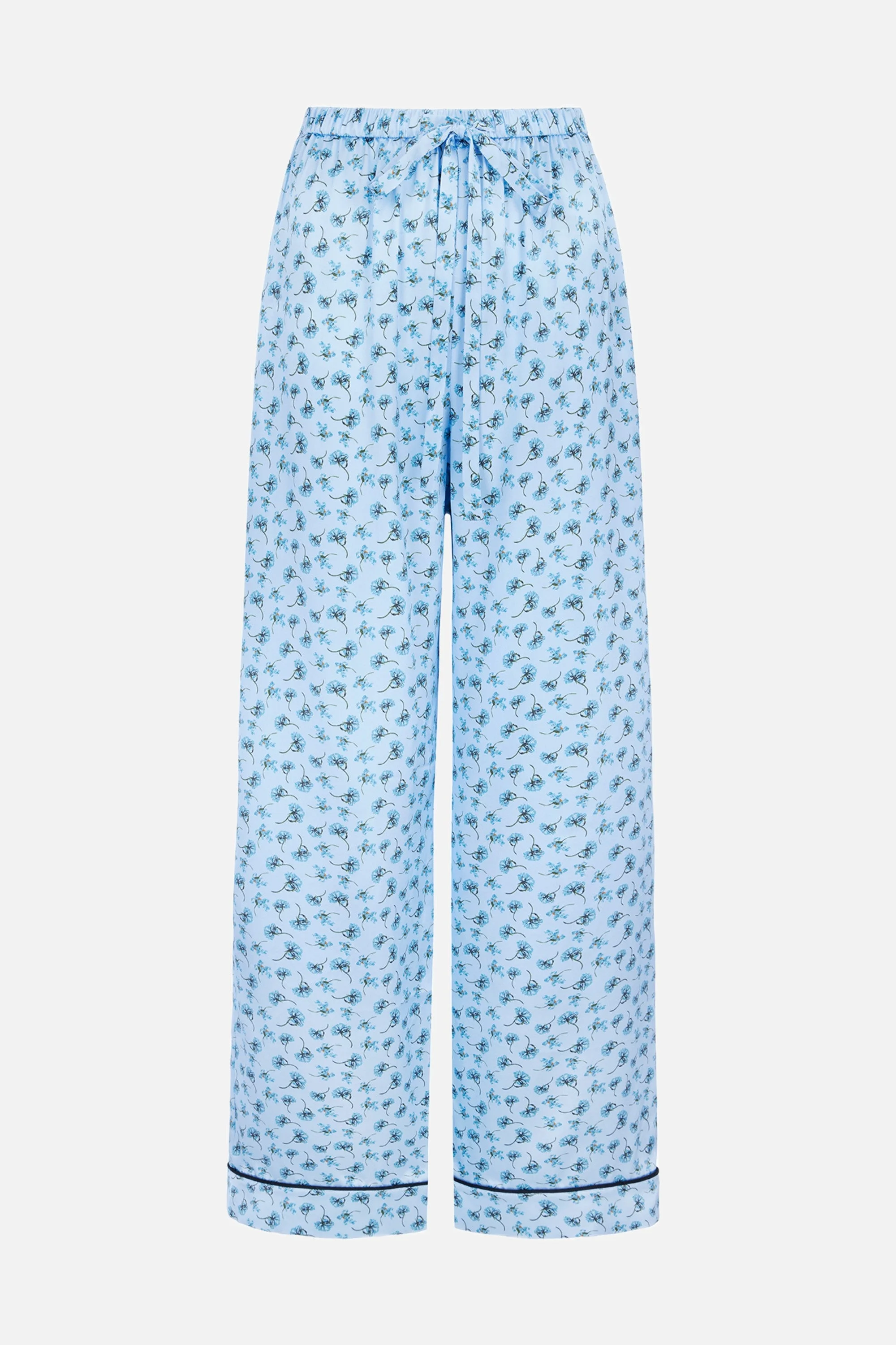 Ithaca Trousers In Ditsy Blue Marigold On Baby Blue Silk Satin - 1