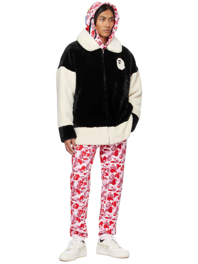 A BATHING APE® Black & Off-White '(B)ape' Faux-Fur Jacket outlook