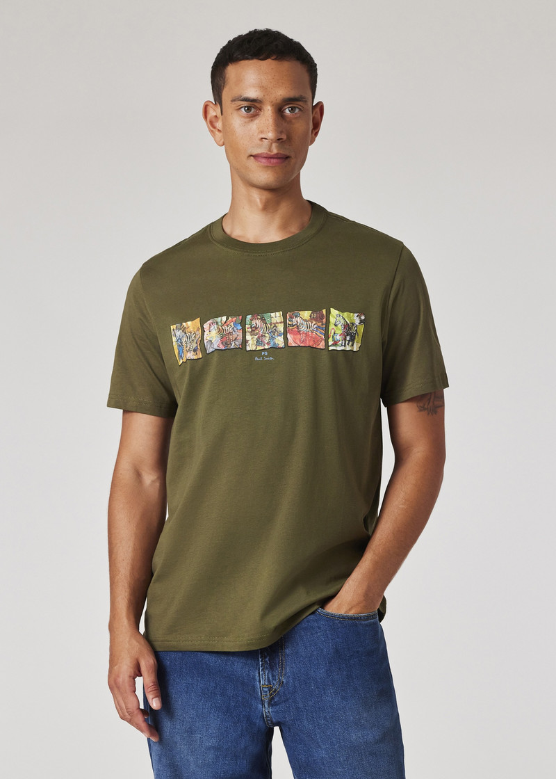 Dark Green 'Zebra' Line Up Print T-Shirt 3