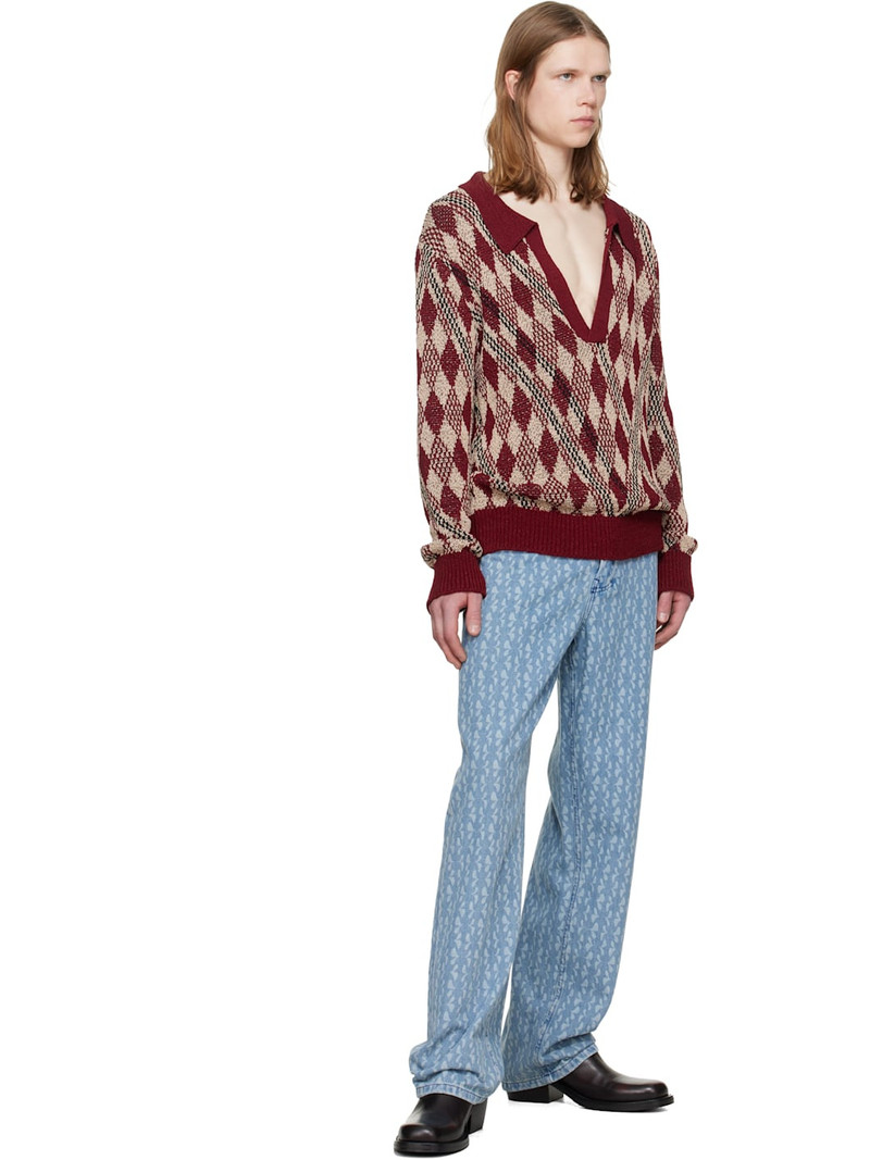 Dries Van Noten Burgundy & Beige Argyle Polo outlook