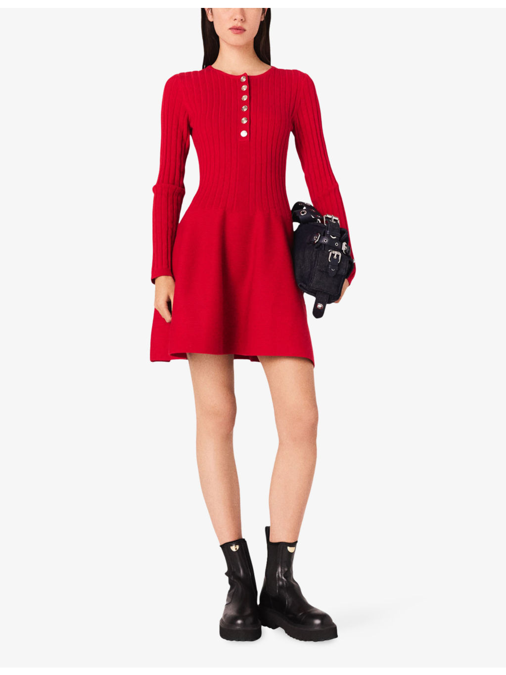 Round-Neck Flared-Skirt Stretch-Knit Mini Dress - 2
