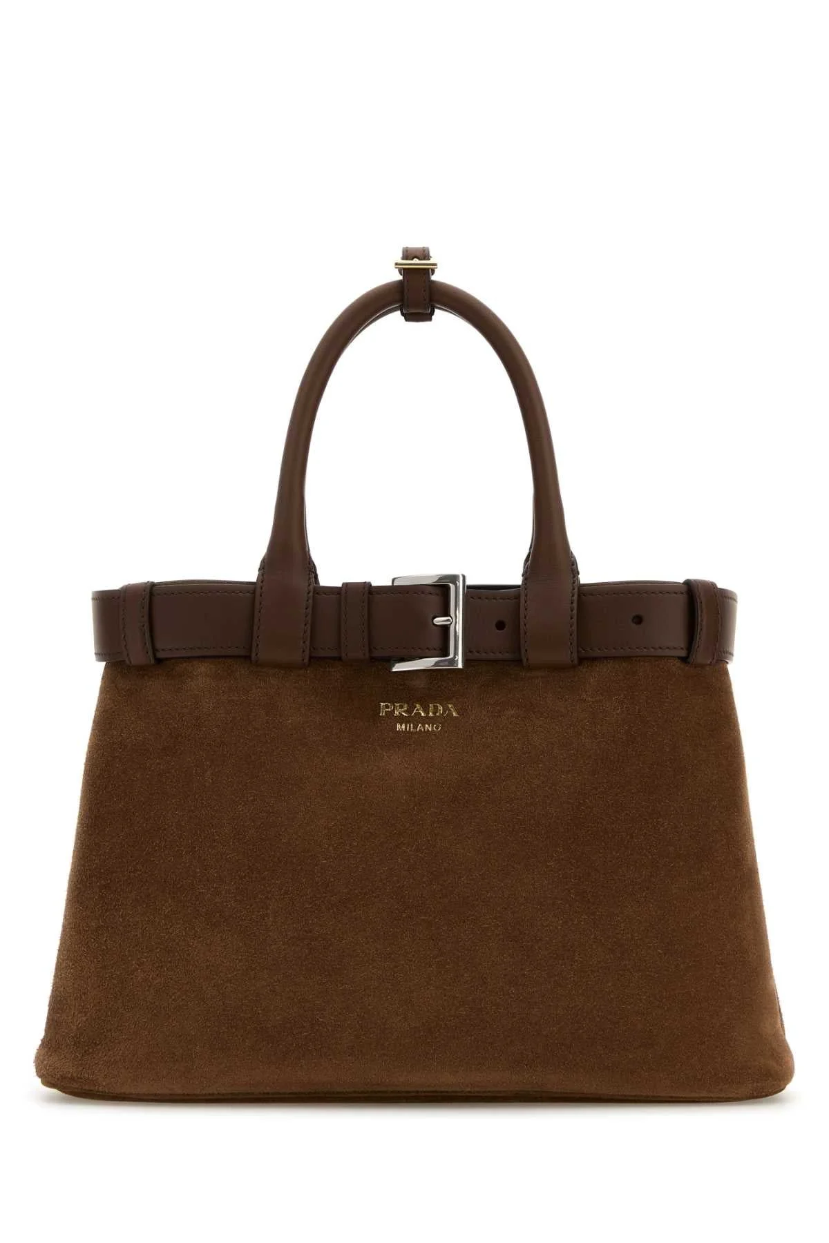 Prada Women Brown Suede Prada Buckle Medium Handbag - 1