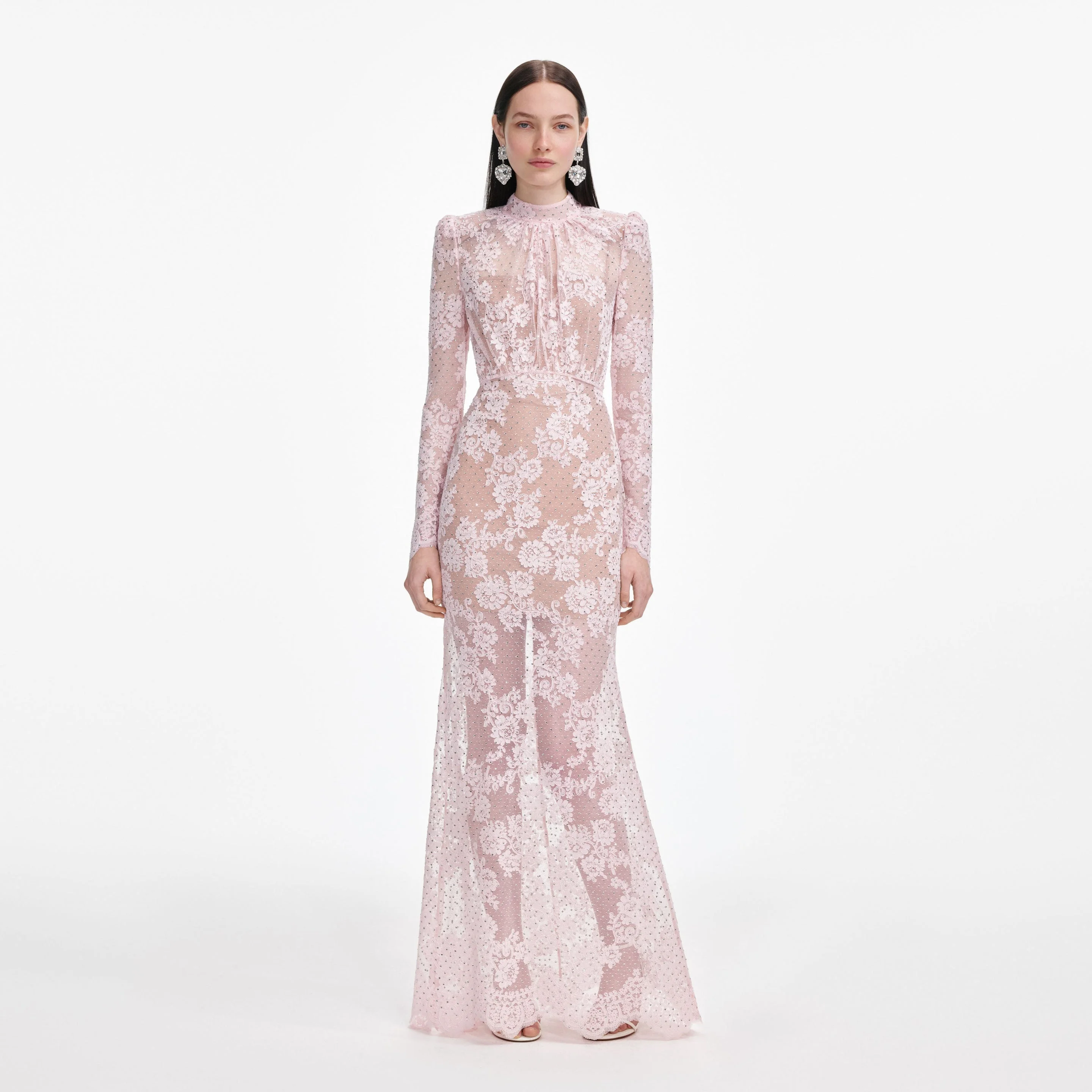 Pale Pink Rhinestone Lace Maxi Dress - 1