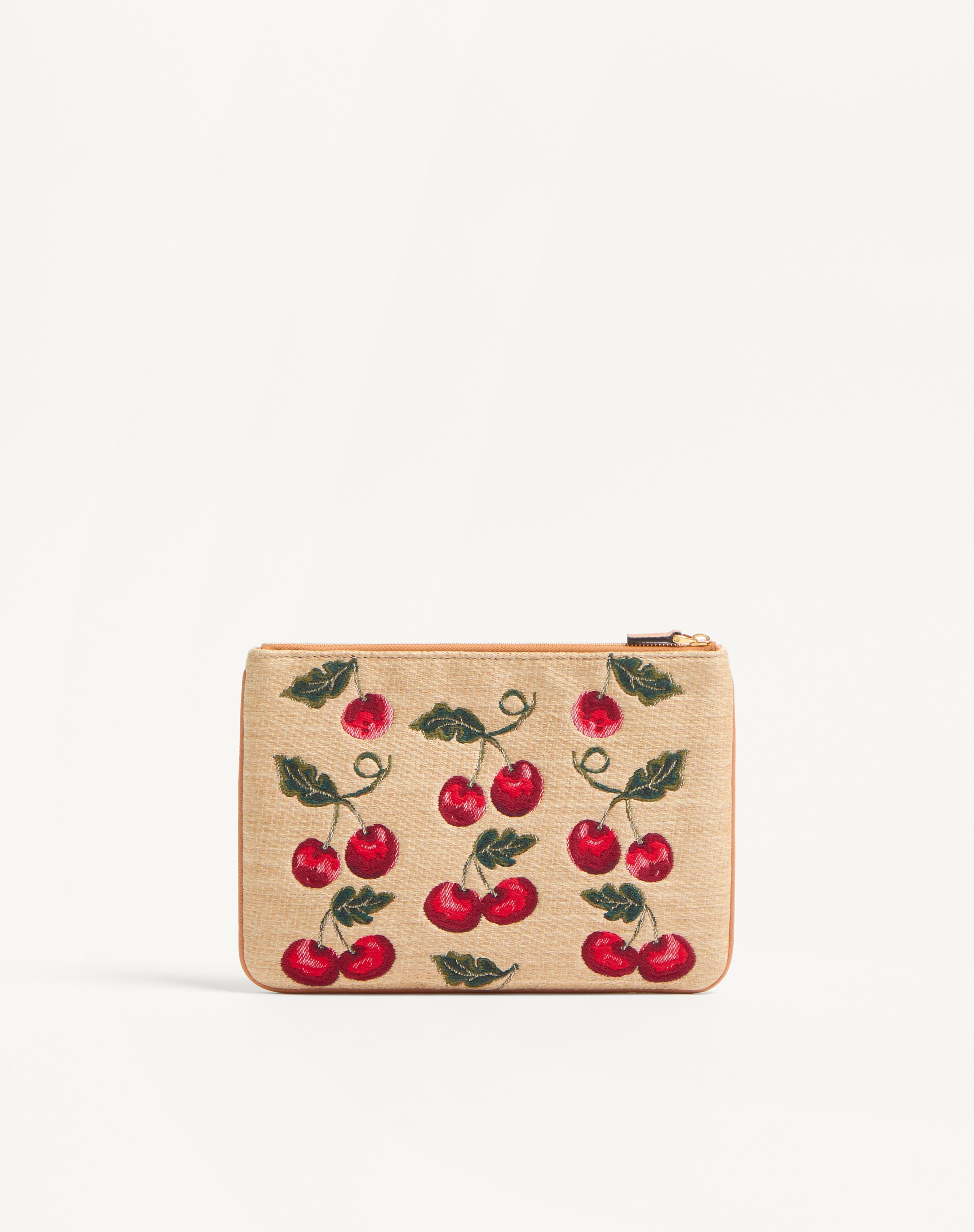 VLOGO SIGNATURE POUCH IN JACQUARD RAFFIA WITH CHERRY PATTERN - 5