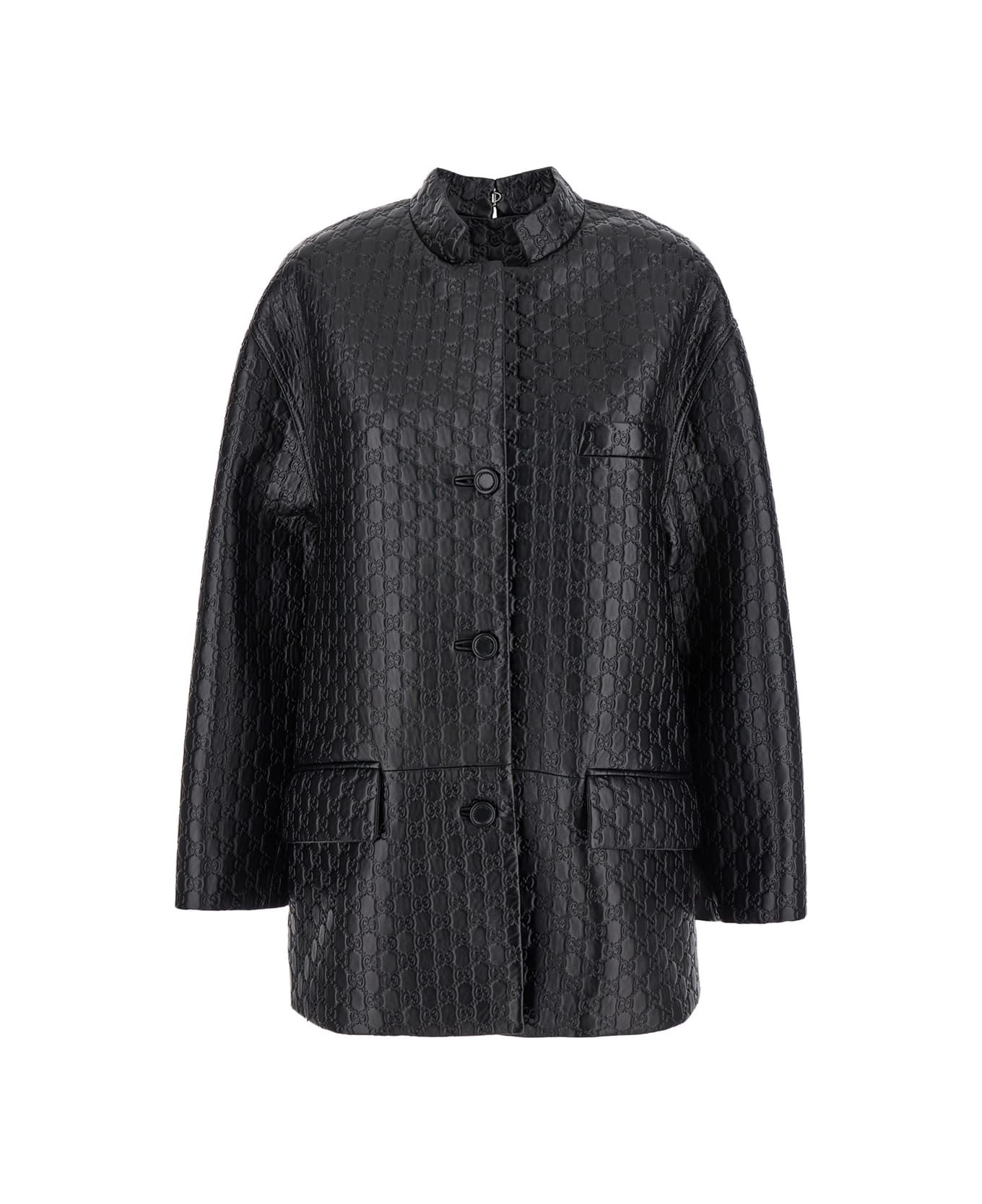 Black Jacket With Embossed All-over Gg Logo In Leather Woman - 1