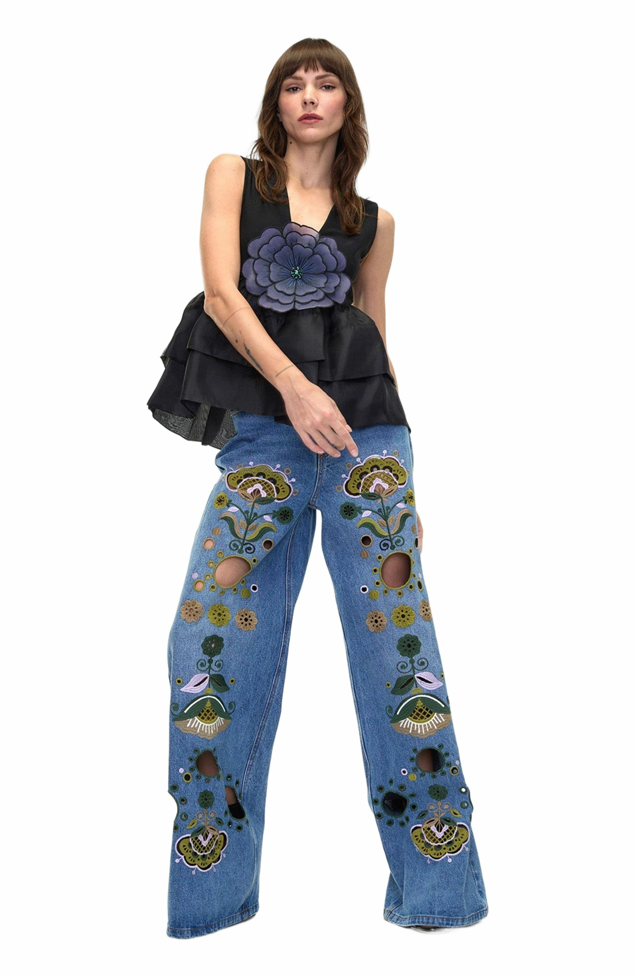 Cynthia Rowley Embroidered Wide-leg Jean in Blue_Multi at Nordstrom - 3