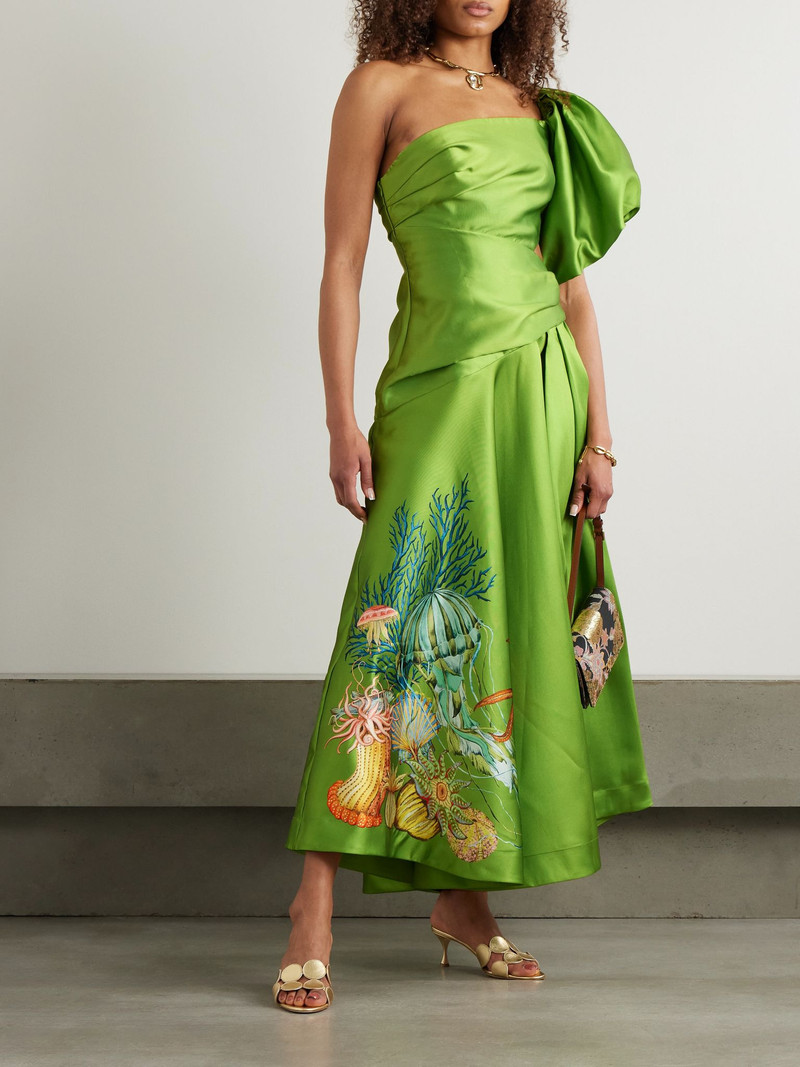 ALÉMAIS + Sam Pauletto Aquatica one-shoulder gathered printed recycled satin-twill dress Green outlook