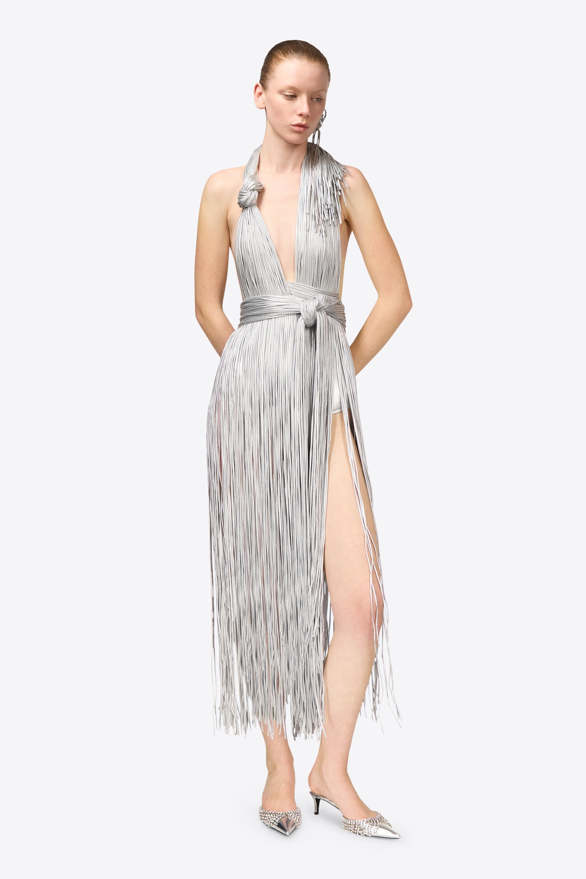 METALLIC FRINGE HALTER MIDI DRESS - 5