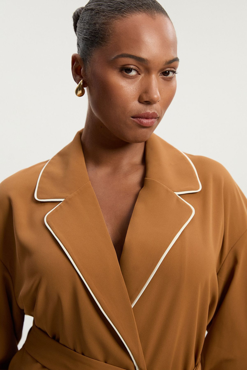 Plus Size Contrast Tipping Tie Waist Woven Trench Jacket 1