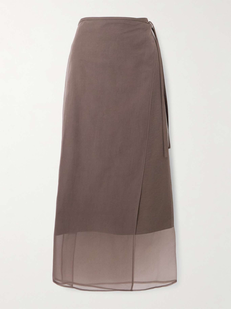 Brunello Cucinelli Organza-trimmed cotton-blend midi wrap skirt Brown outlook