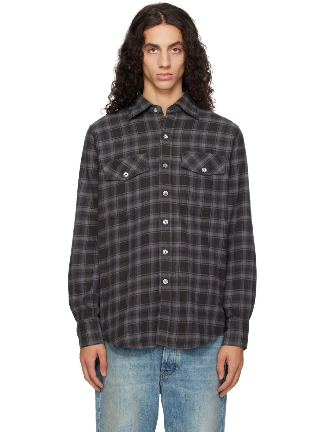 Gray Check Cotton-Silk Work Shirt - 1