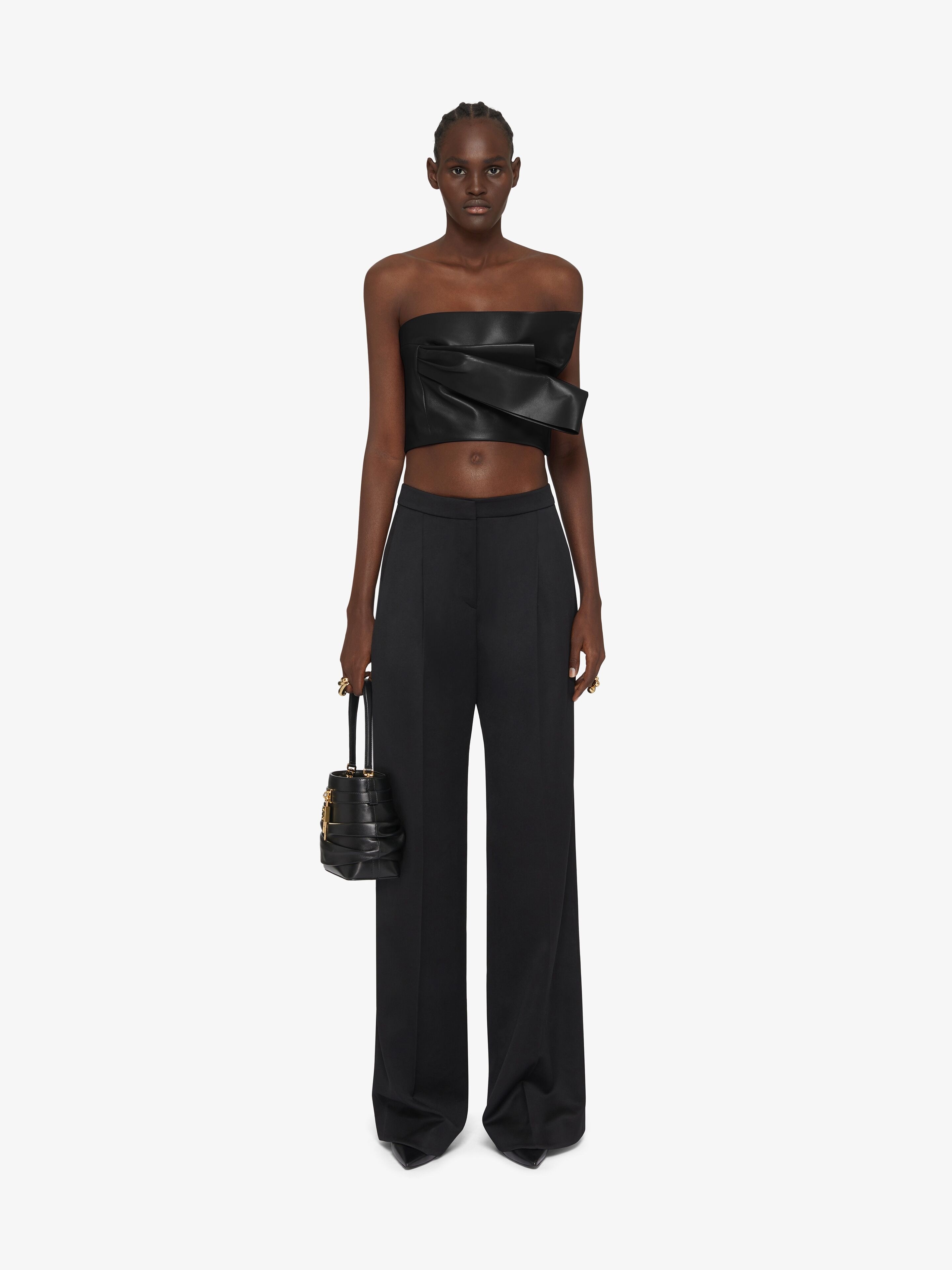 CROPPED BUSTIER TOP IN LEATHER WITH DRAPED DETAIL - 3