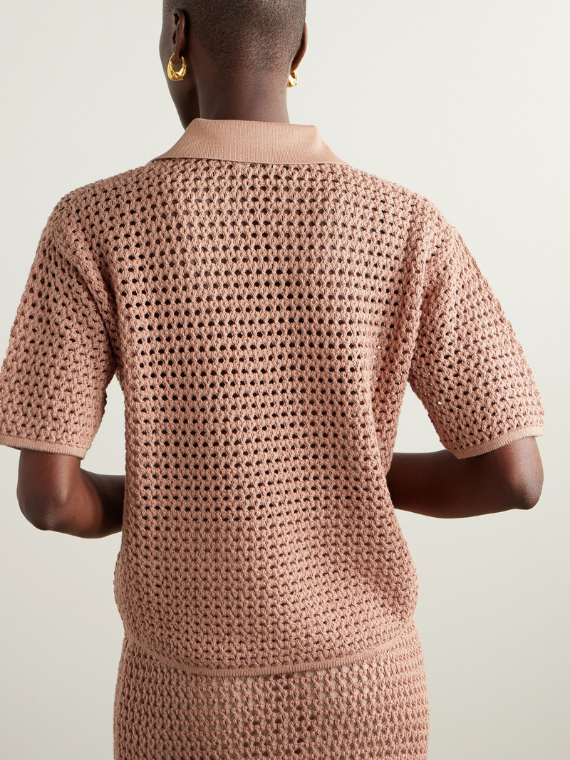 Sequin-emhellished Open-knit Cotton-blend Polo Top 3