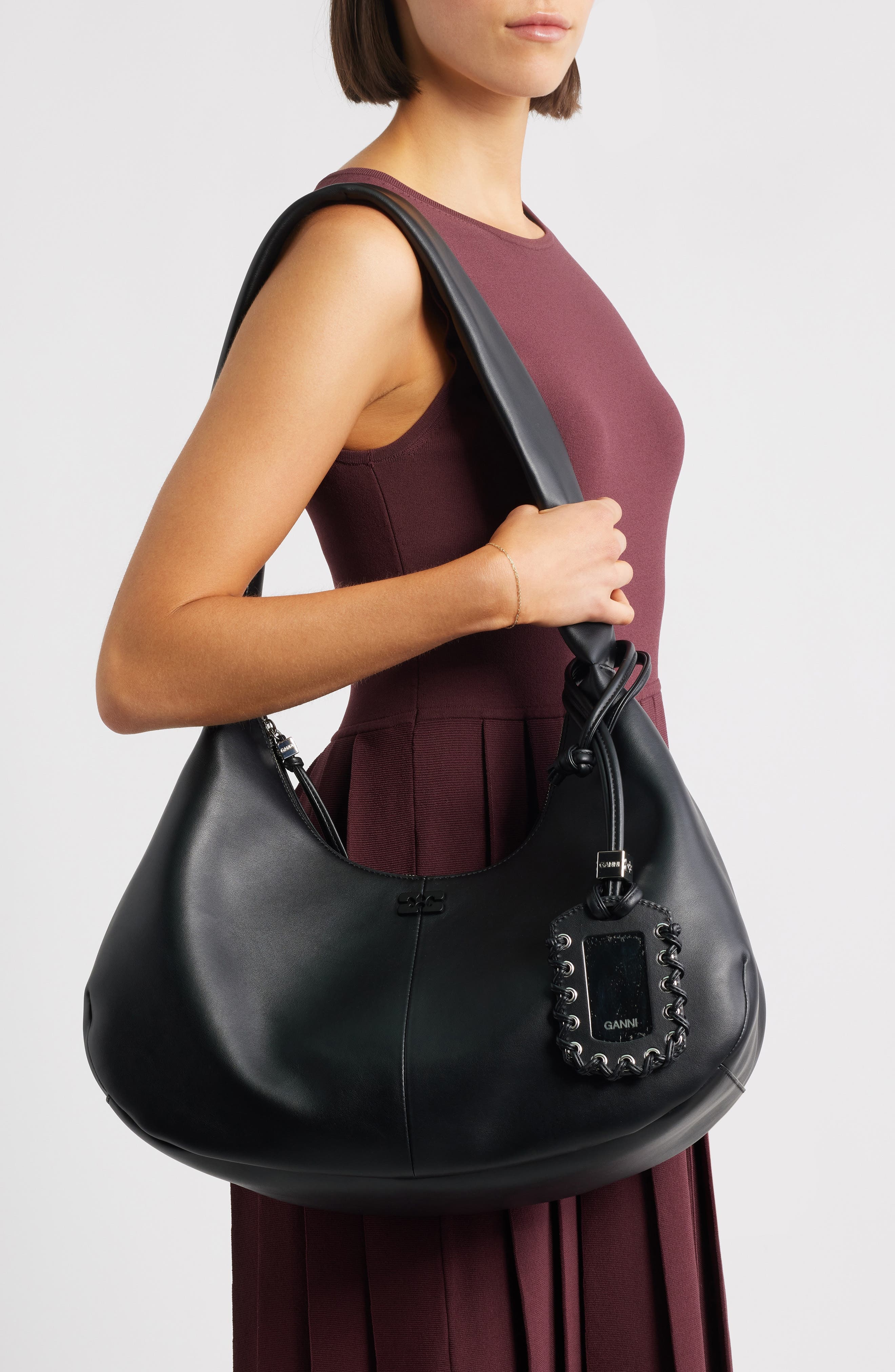 Ganni Medium Bou Leather Hobo Bag in Black at Nordstrom - 2