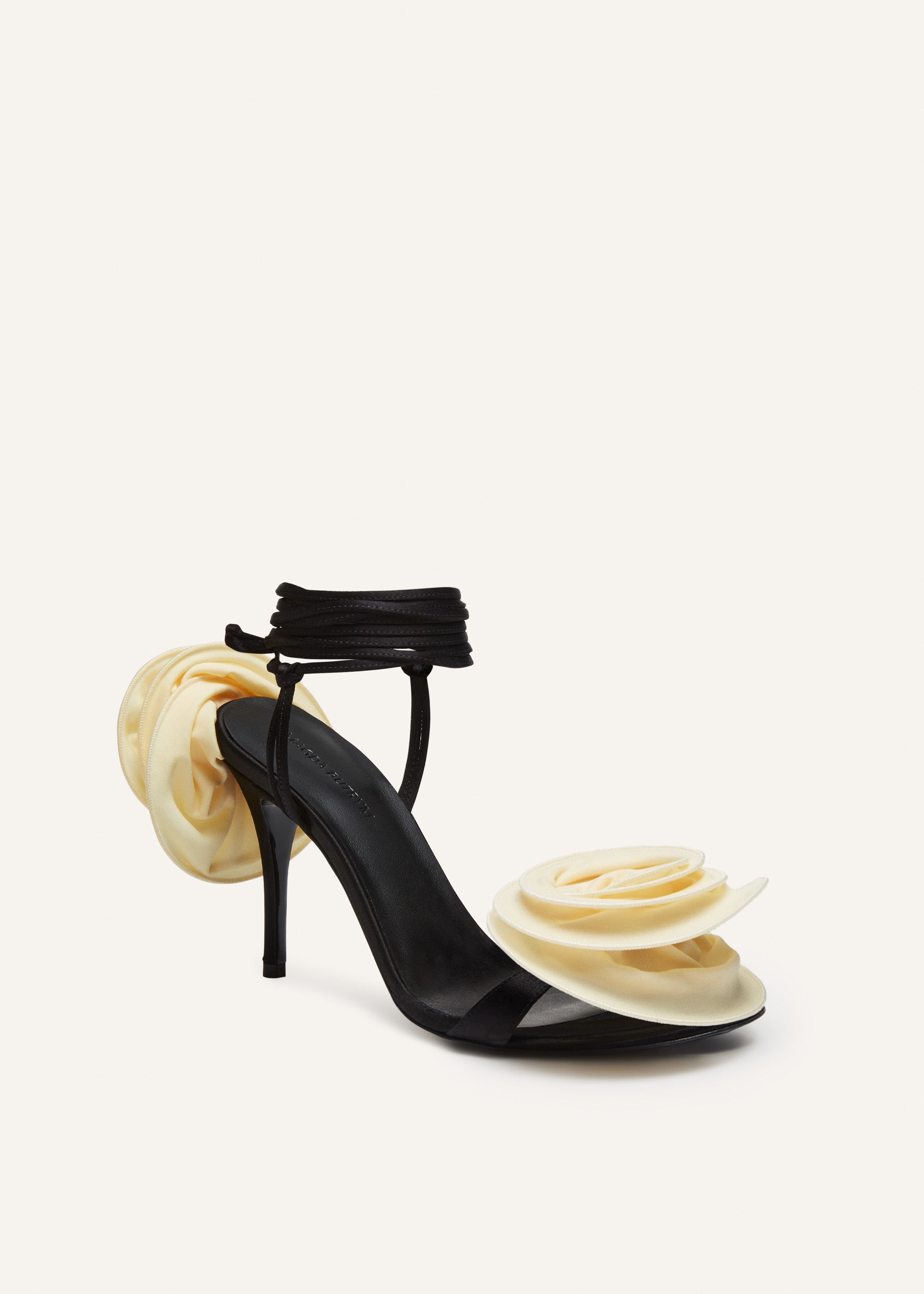 Wrap around double flower sandals in black satin - 2