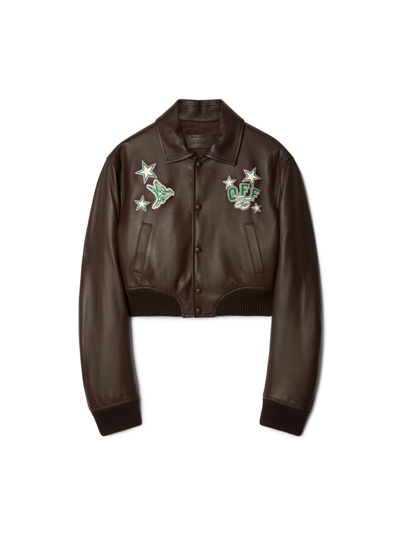 Chocolate Leather Cropped Varsity Jacket - 1