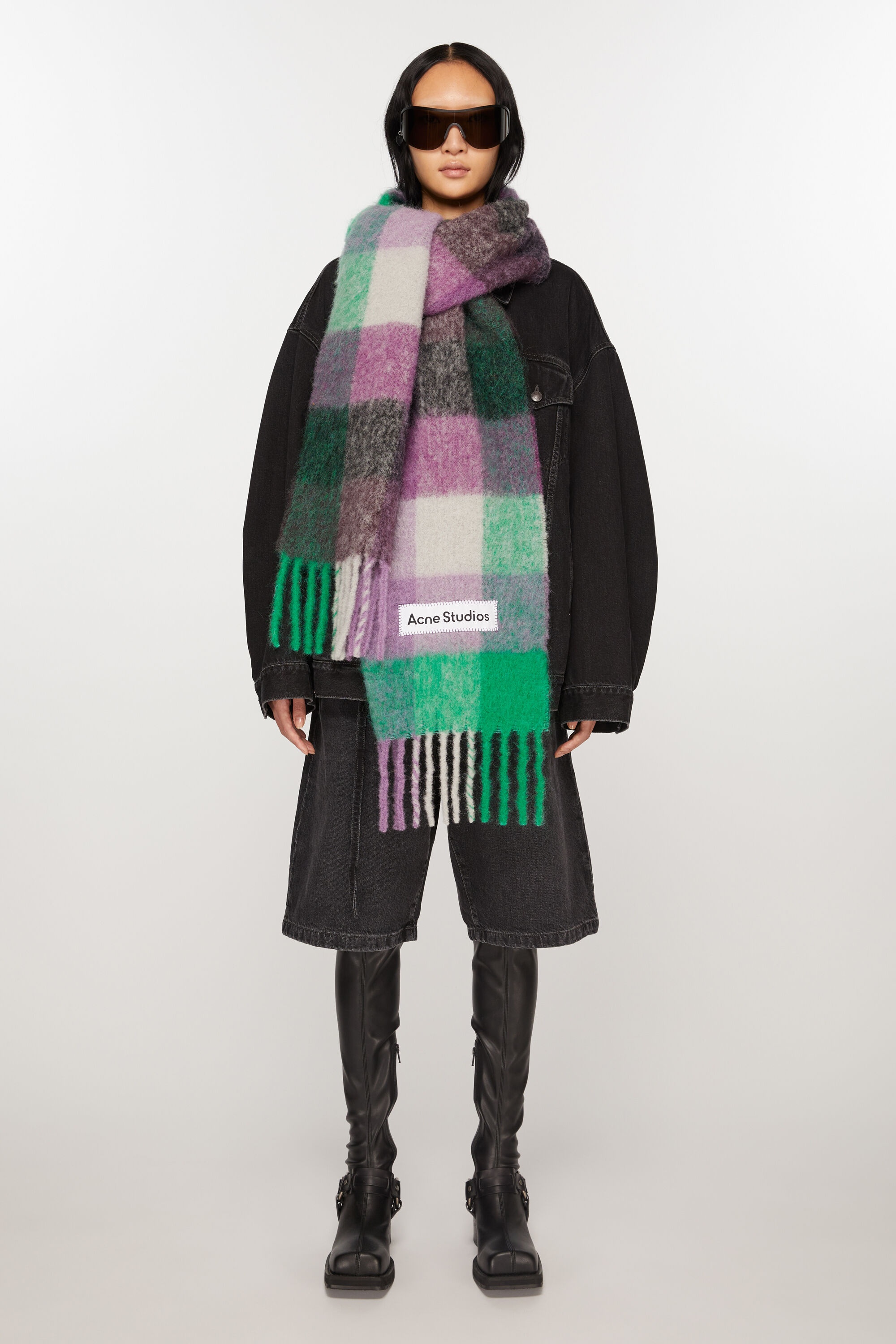 Mohair checked scarf - Bright green/purple/grey - 2