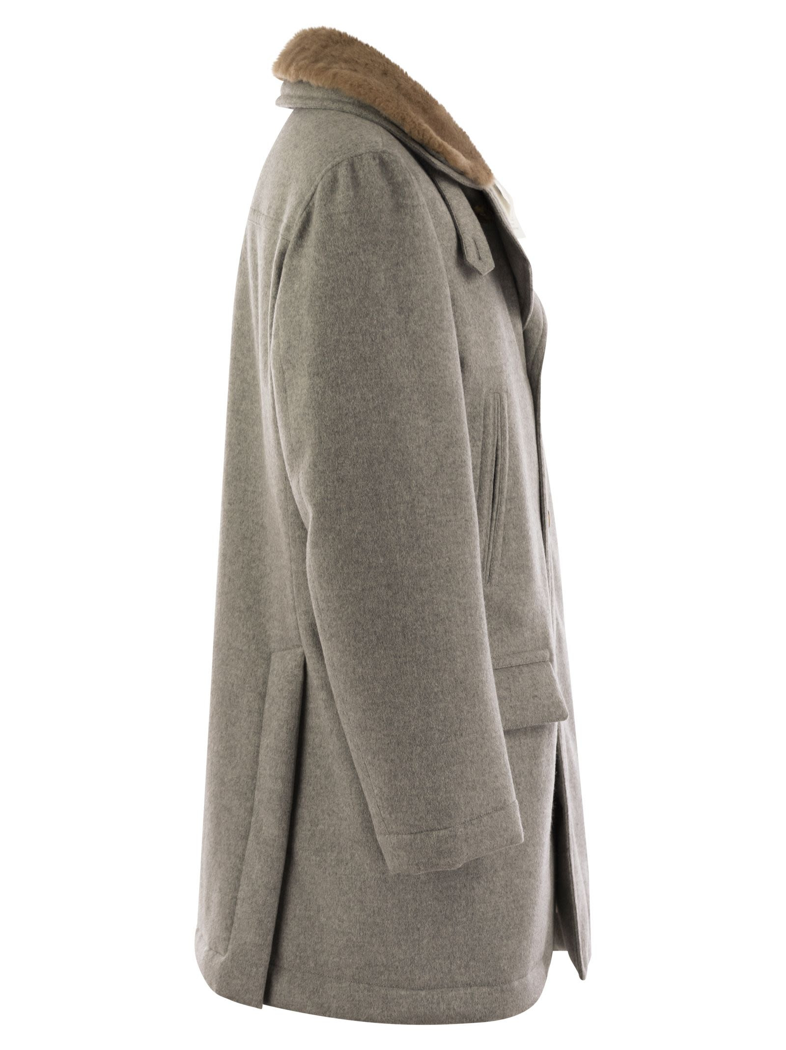 Brunello Cucinelli Men Cashmere Coat With Shearling Collar - 3