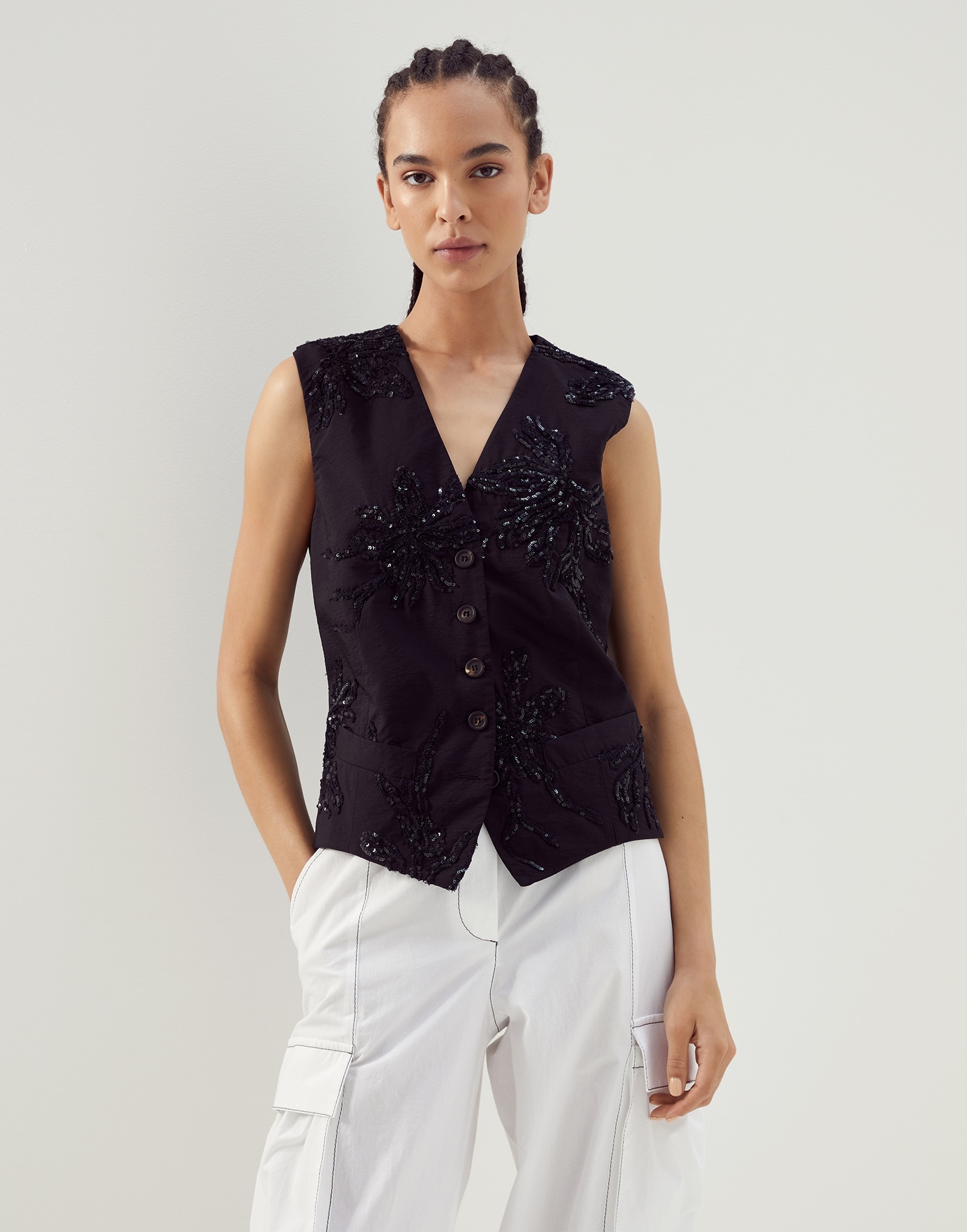 Techno cotton poplin waistcoat with marine flower embroidery - 1