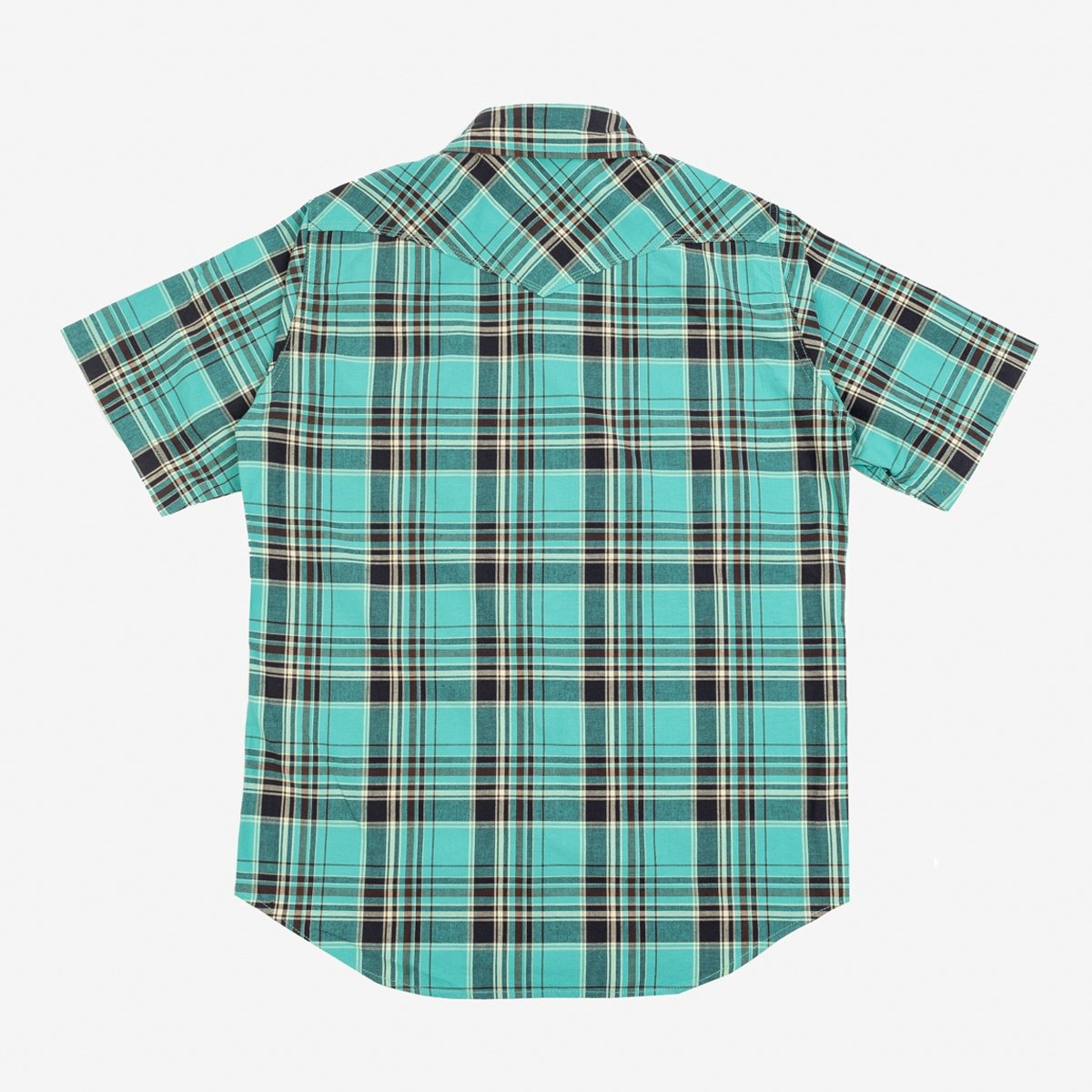 IHSH-359-GRN 5oz Selvedge Madras Check Short Sleeved Western Shirt - Green - 5