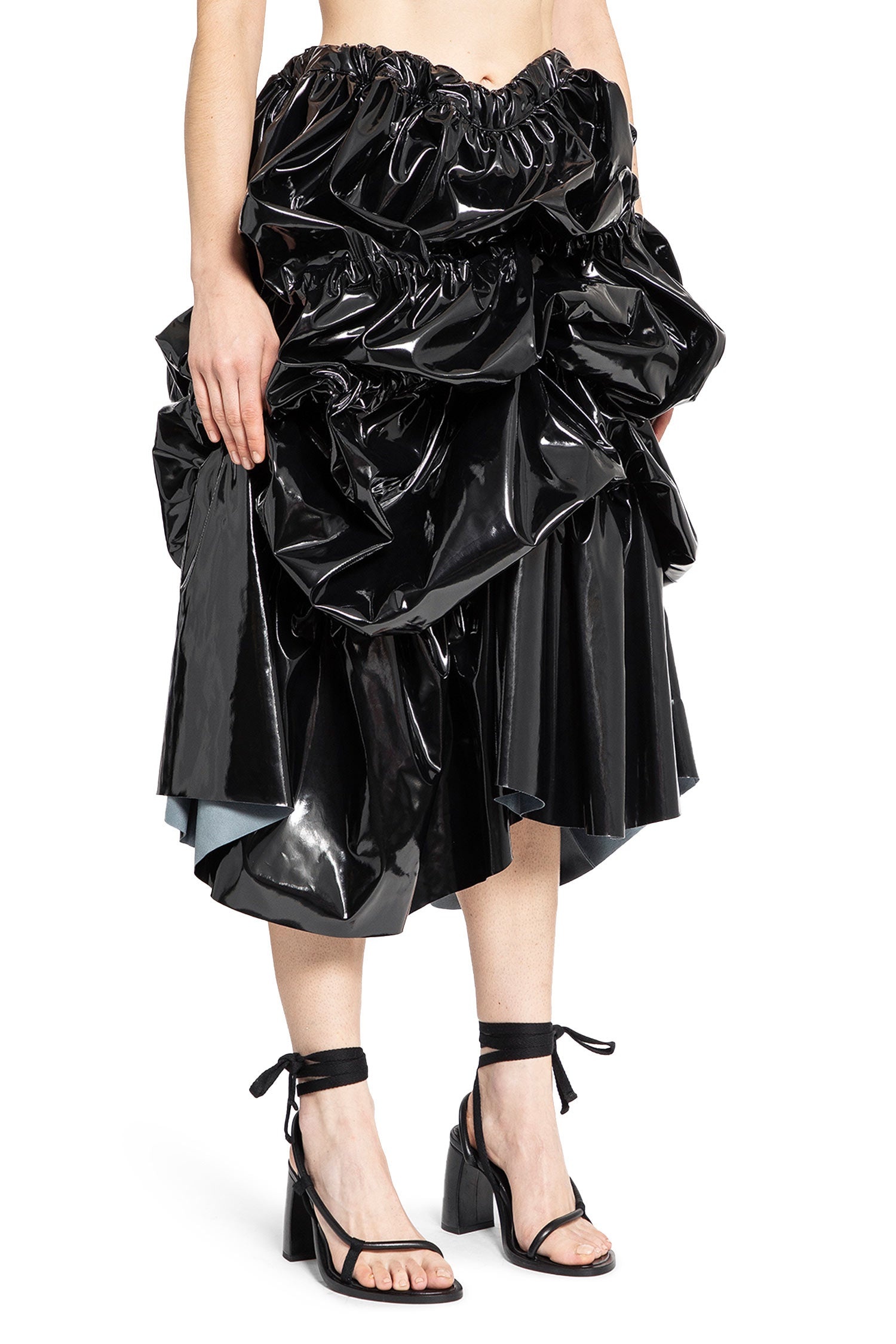 Shiny-Faux-Leather-Draped-Midi-Skirt - 2