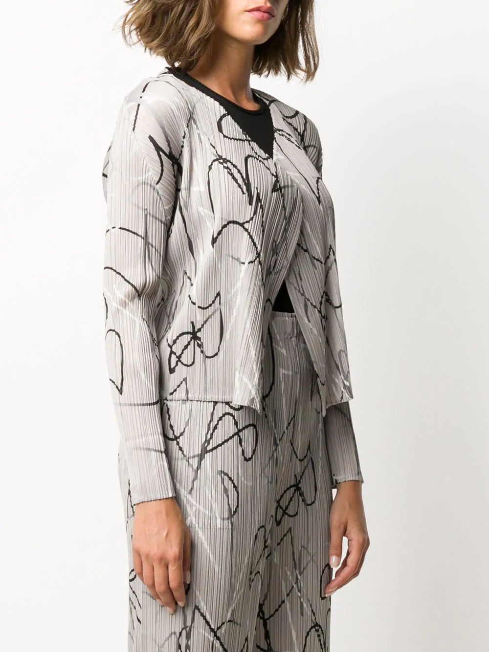 pleated abstract print cardigan - 3