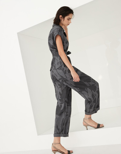 Brunello Cucinelli Ramage print lessivé linen jumpsuit with belt and shiny details outlook