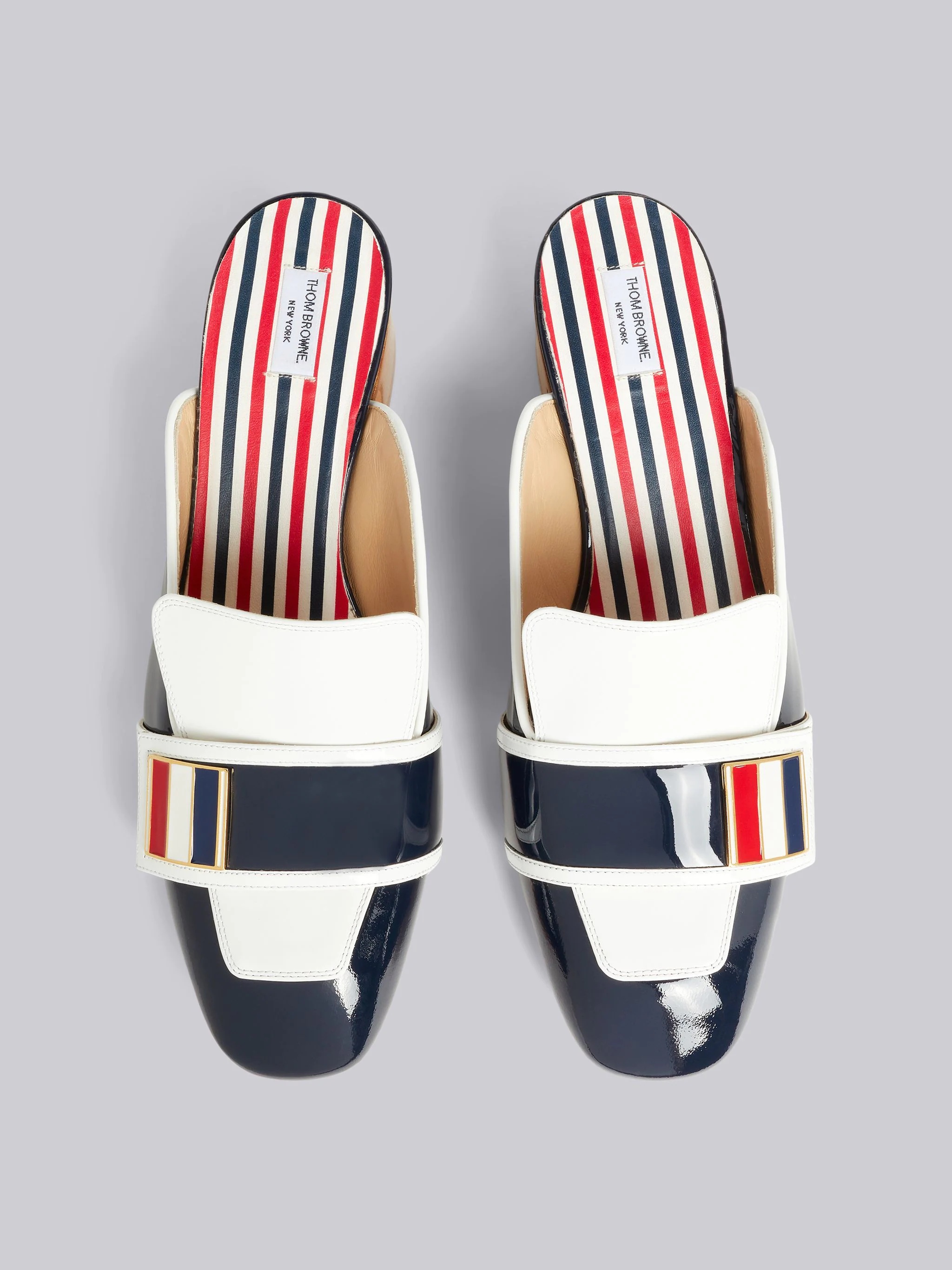 Navy Soft Patent Leather Stripe Enamel Strap 40mm Block Heel Chic Loafer Mule - 4