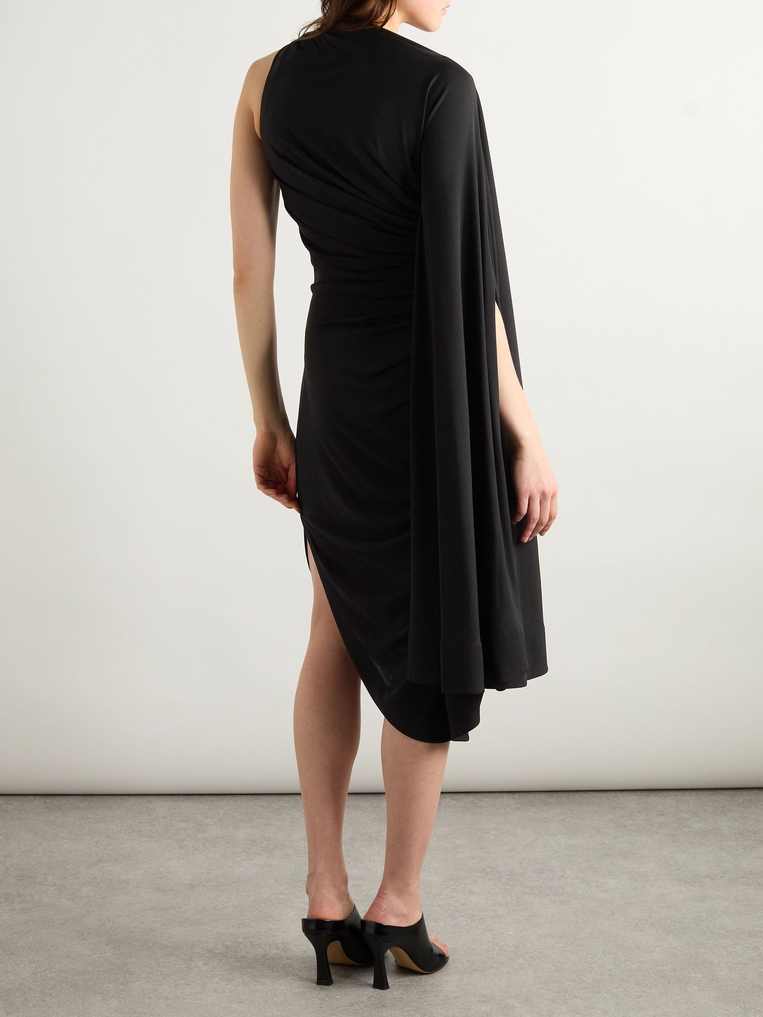 Asymmetric cape-effect embellished draped jersey dress Black - 3