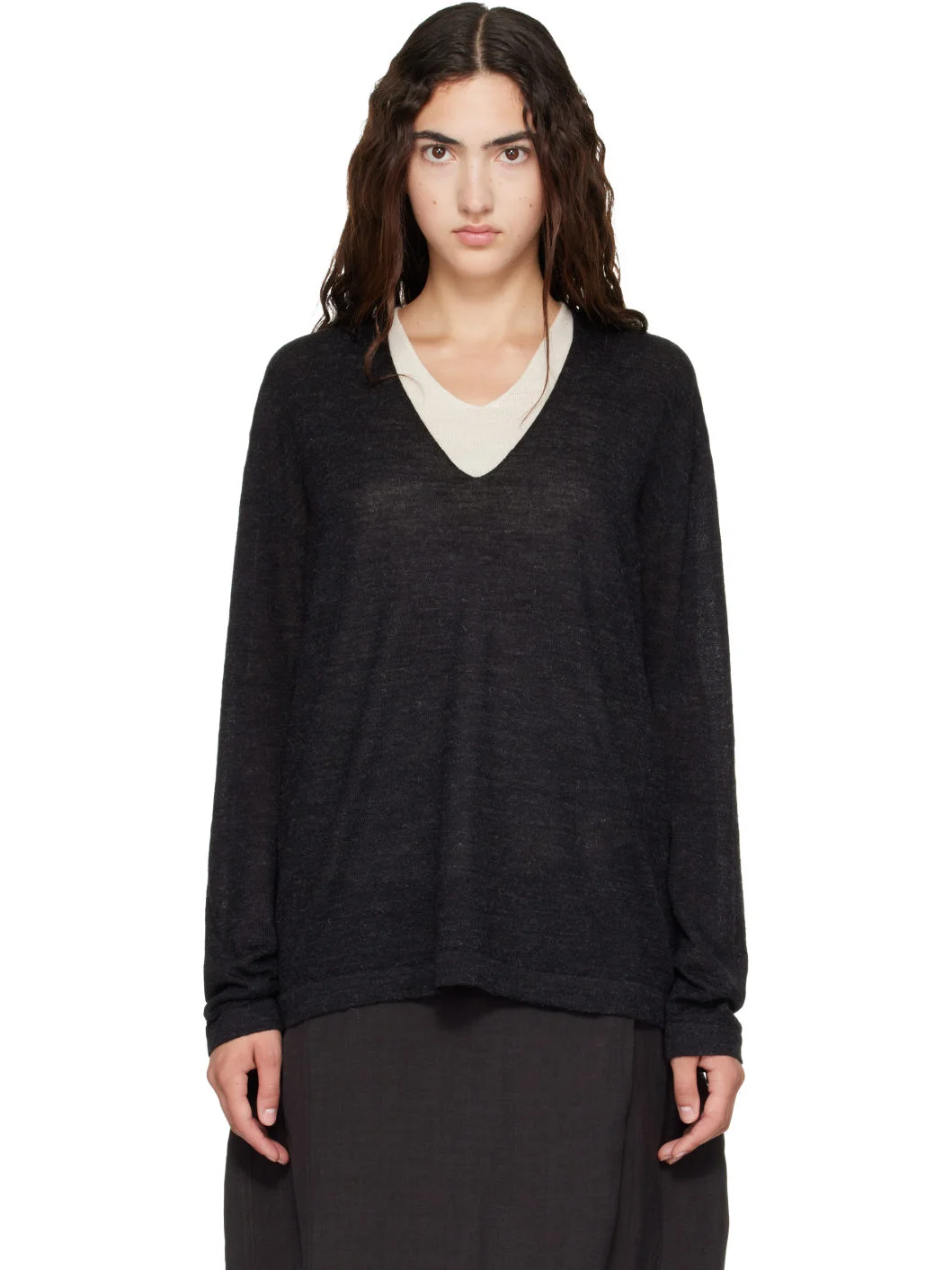 Black Fine Low V Neck Sweater - 1