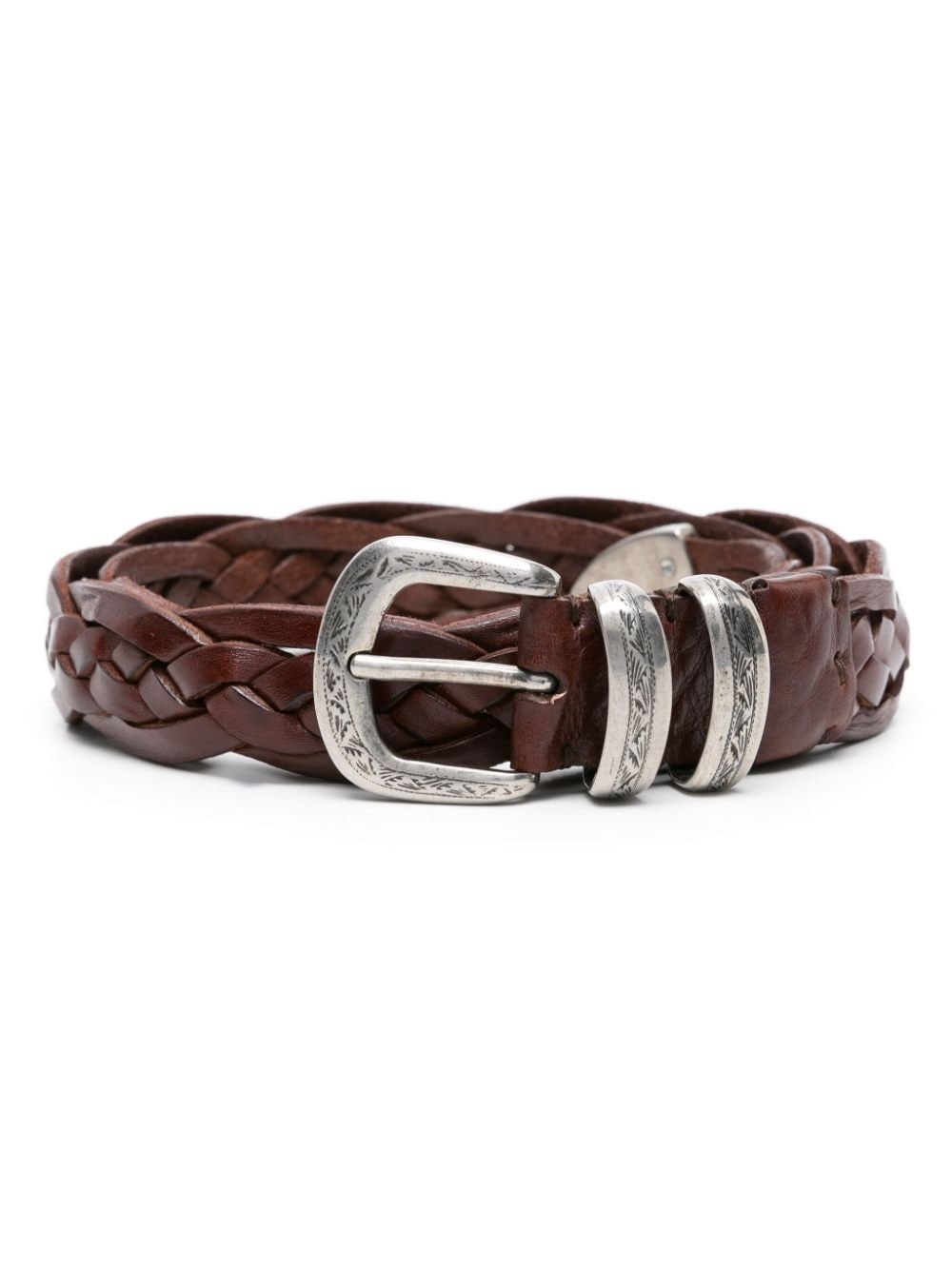 engraved-buckle braided leather belt - 1