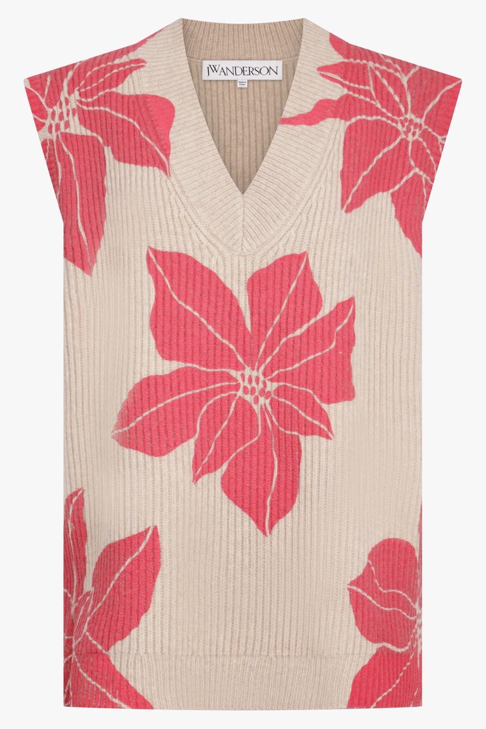 FLORAL PRINT V-NECK VEST KNIT | OATMEAL/RED - 1