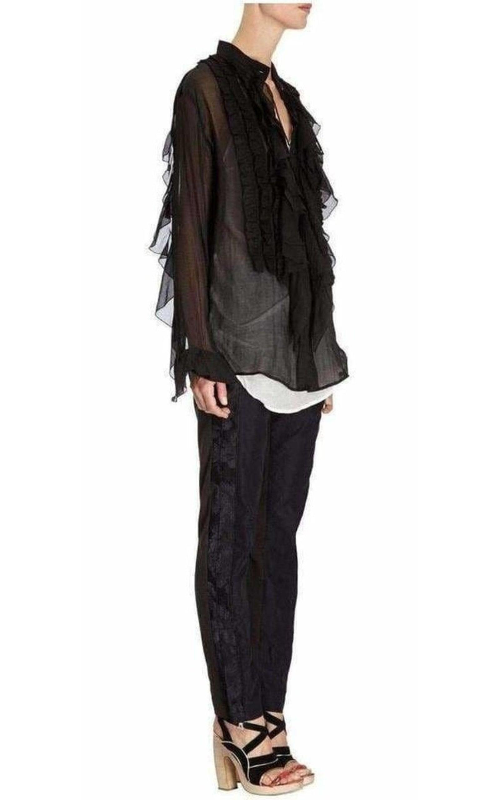 Black Ruffle Cotton Silk Blend Shirt - 4