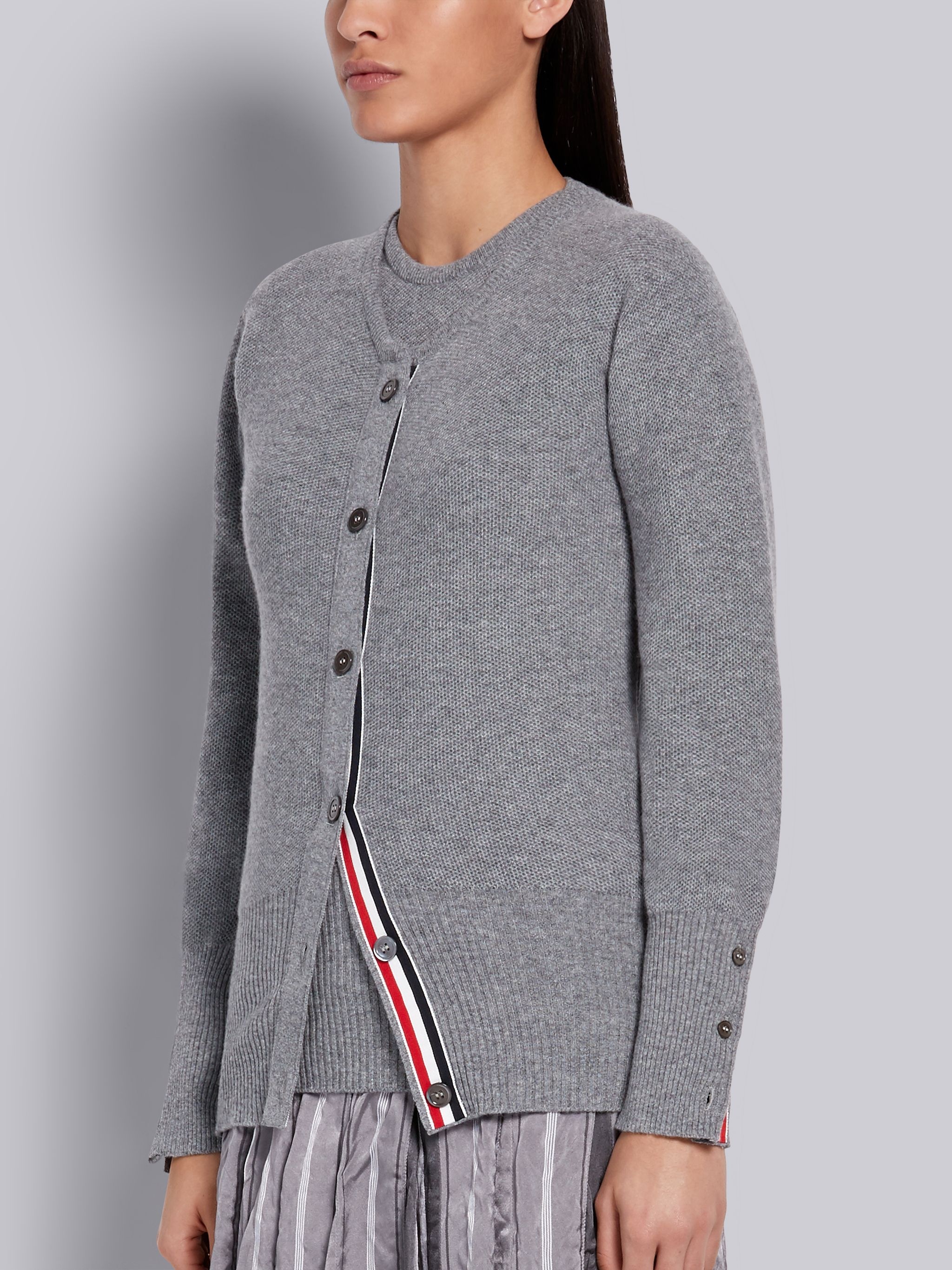 Light Grey Cashmere Pique Stitch Classic Crewneck Cardigan - 2