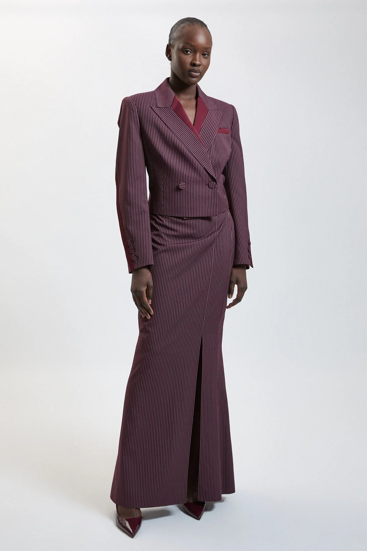 Pinstripe Satin Mix Tailored Maxi Skirt - 1