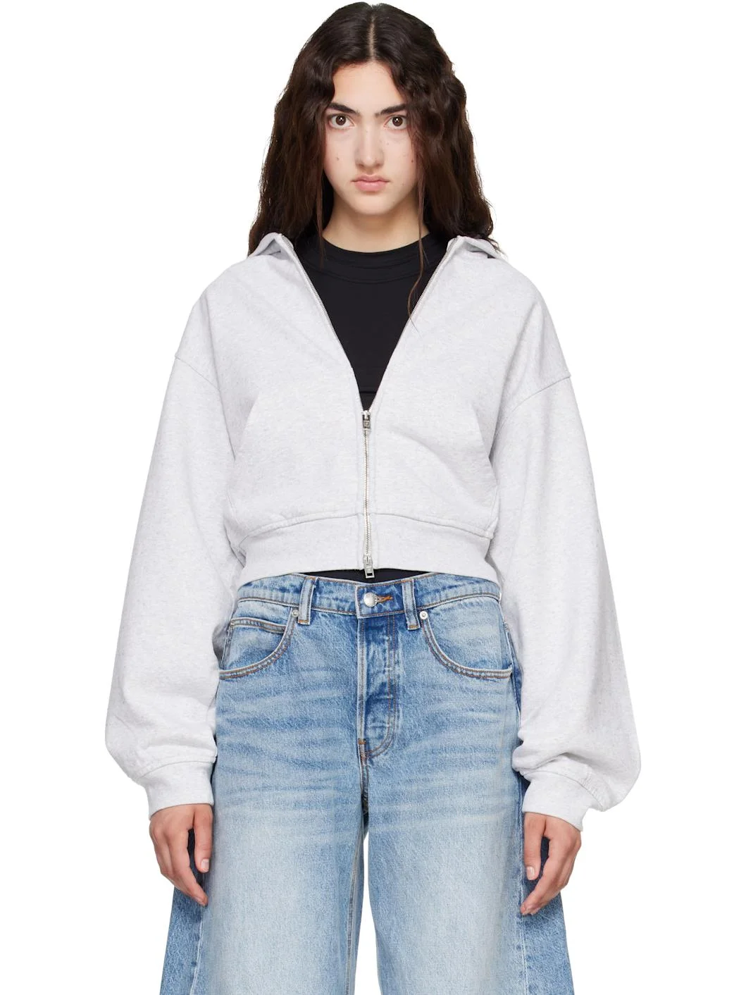 Gray Crystal Fitted Long Sleeve Zip Up Hoodie - 1