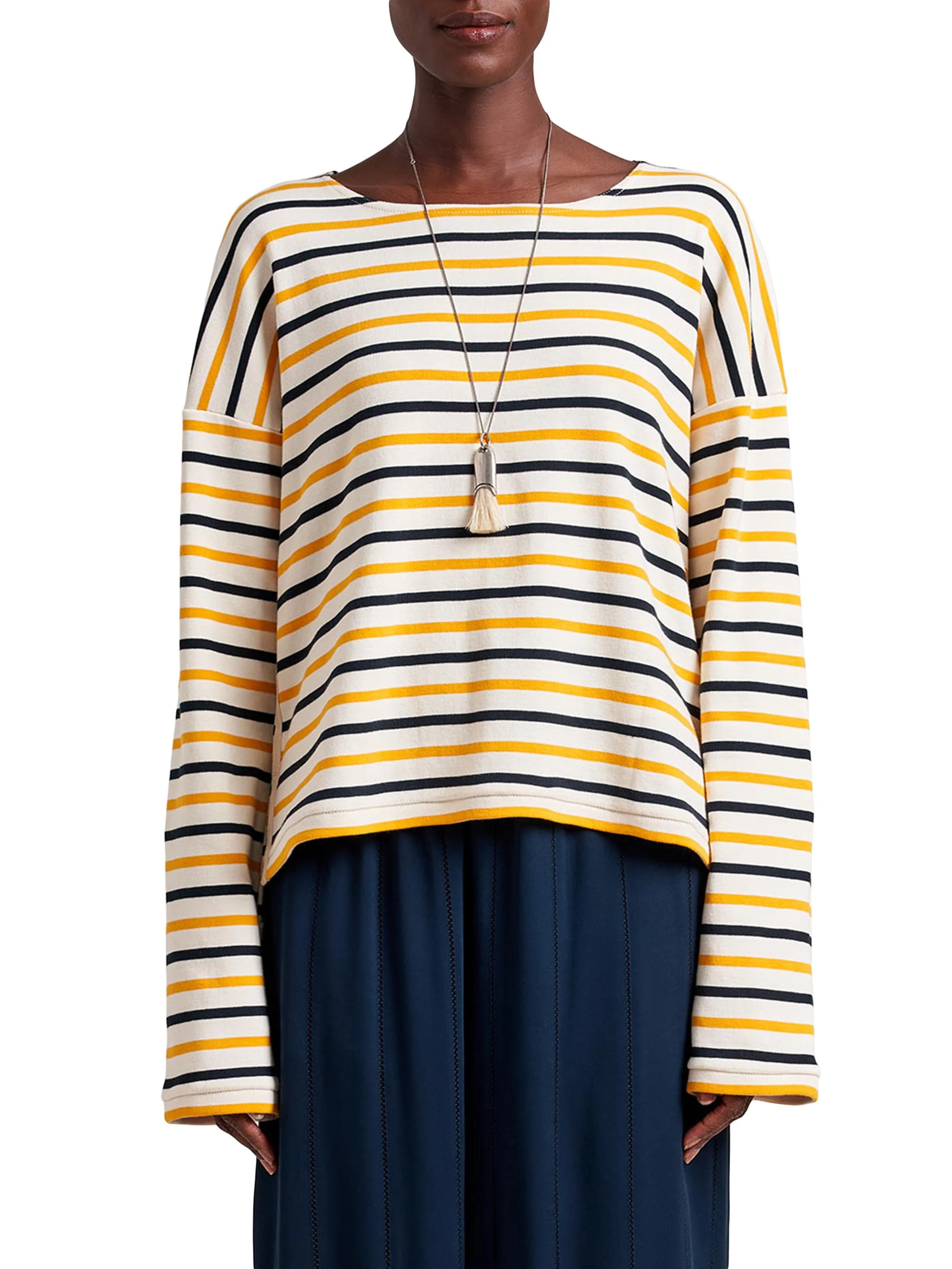 Women's LS Breton T-Shirt - Ecru Mustard Navy - 1