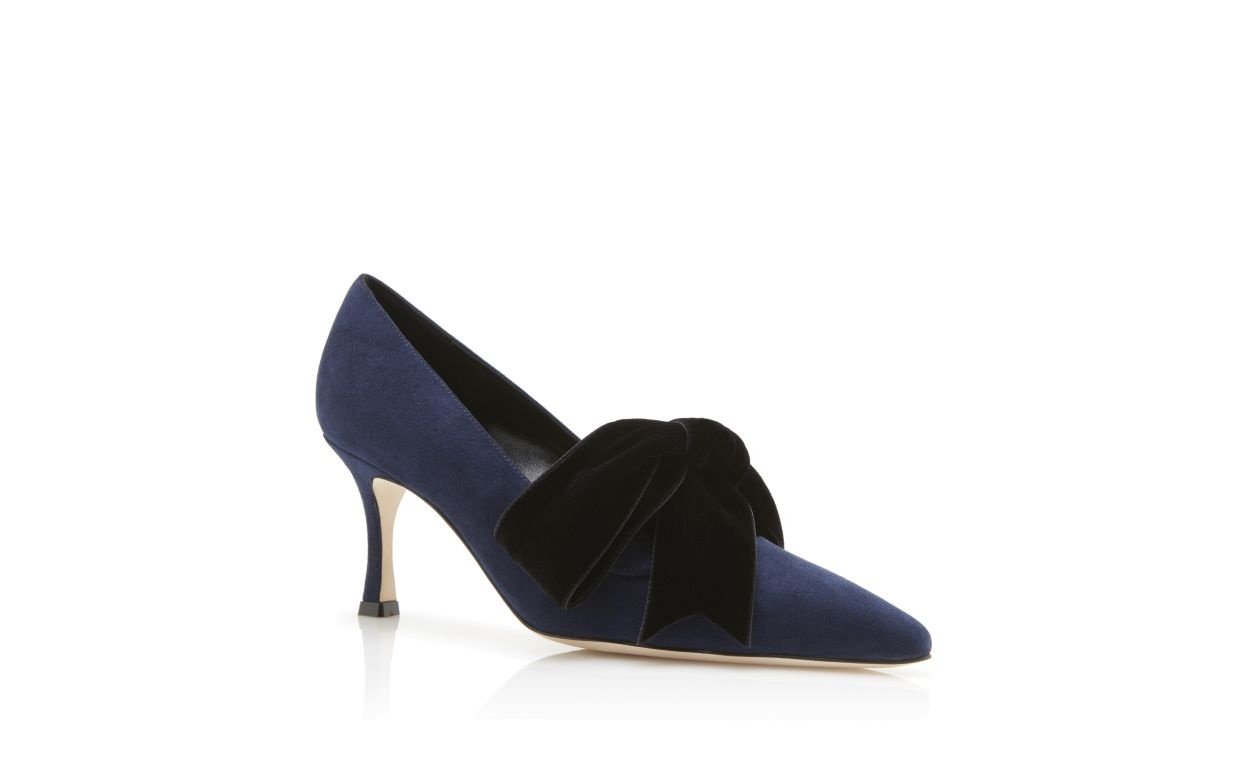 Navy Blue Suede and Velvet Bow Detail Pumps - 3