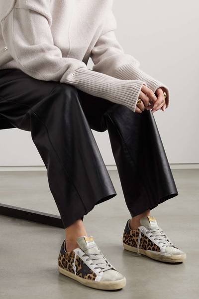 Golden Goose Superstar distressed leopard-print calf hair, leather and suede sneakers outlook