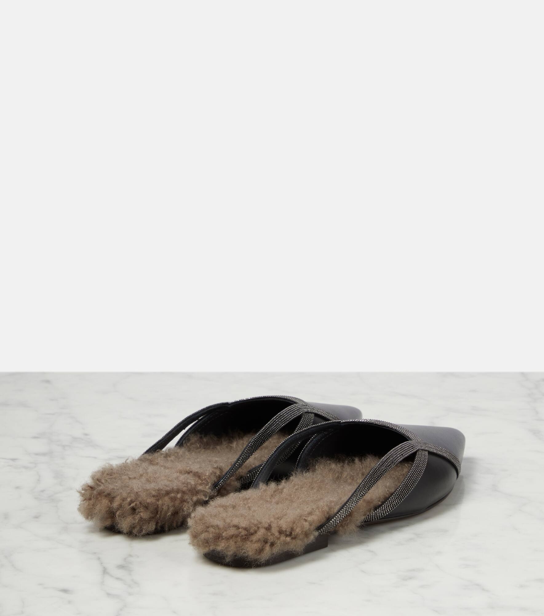 Shearling-trimmed leather slippers - 3
