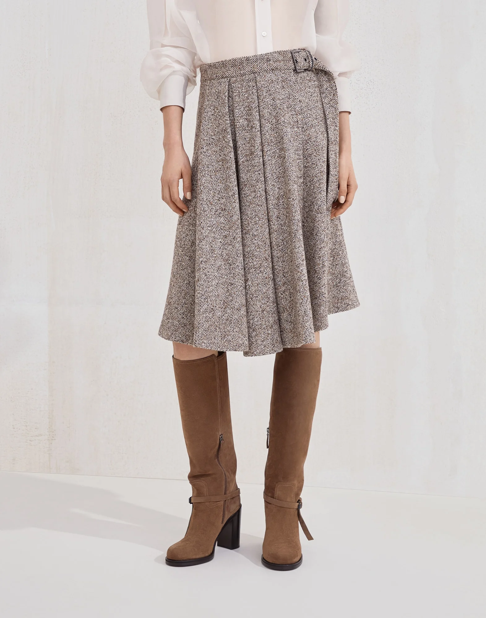 Flecked virgin wool and silk chevron kilt skirt with monili - 1