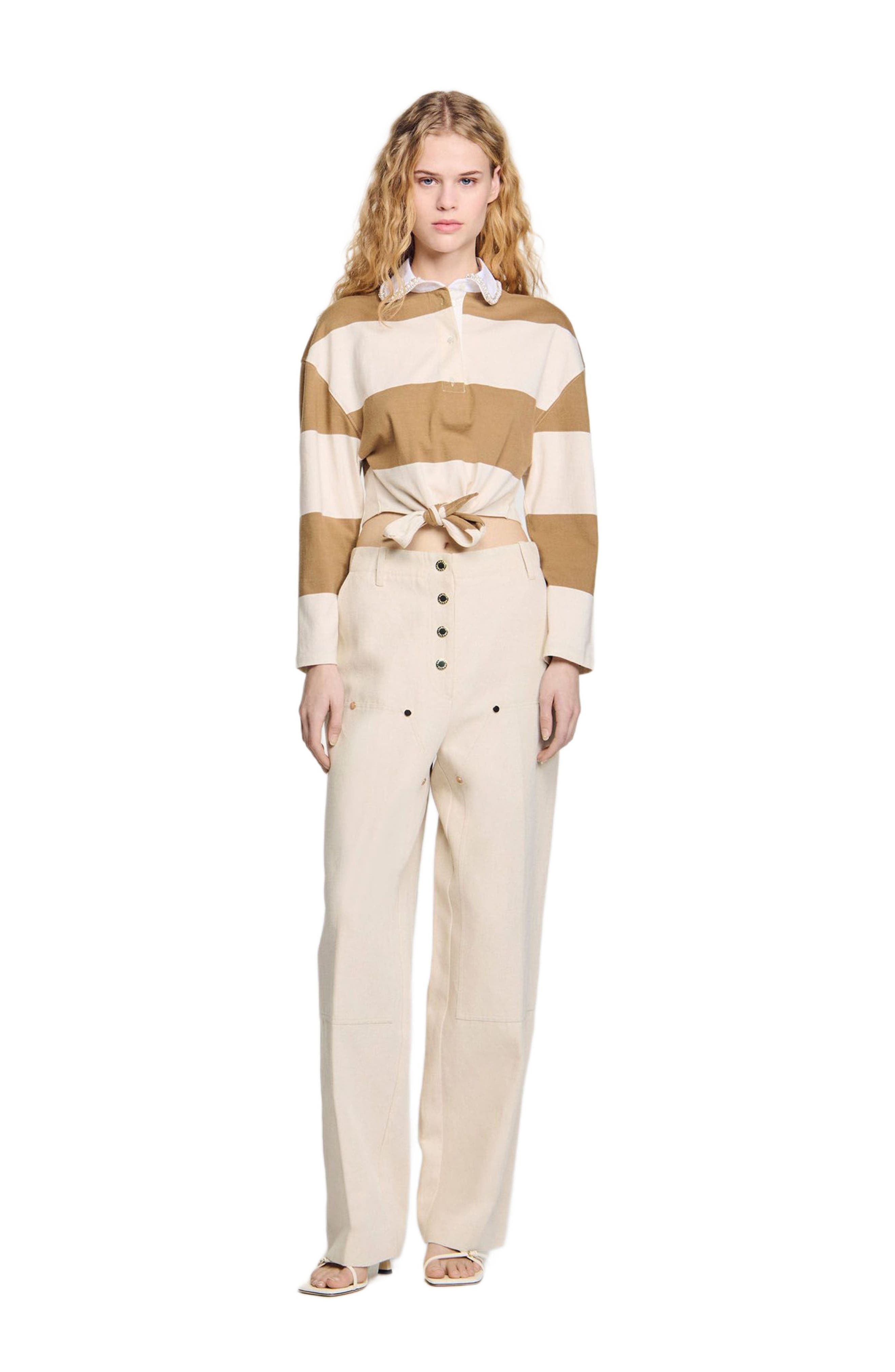 SANDRO Striped polo-neck T-shirt in Beige at Nordstrom - 2