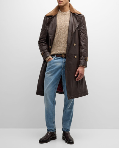 Brunello Cucinelli Men's Leather Shearling-Collar Trench Coat outlook