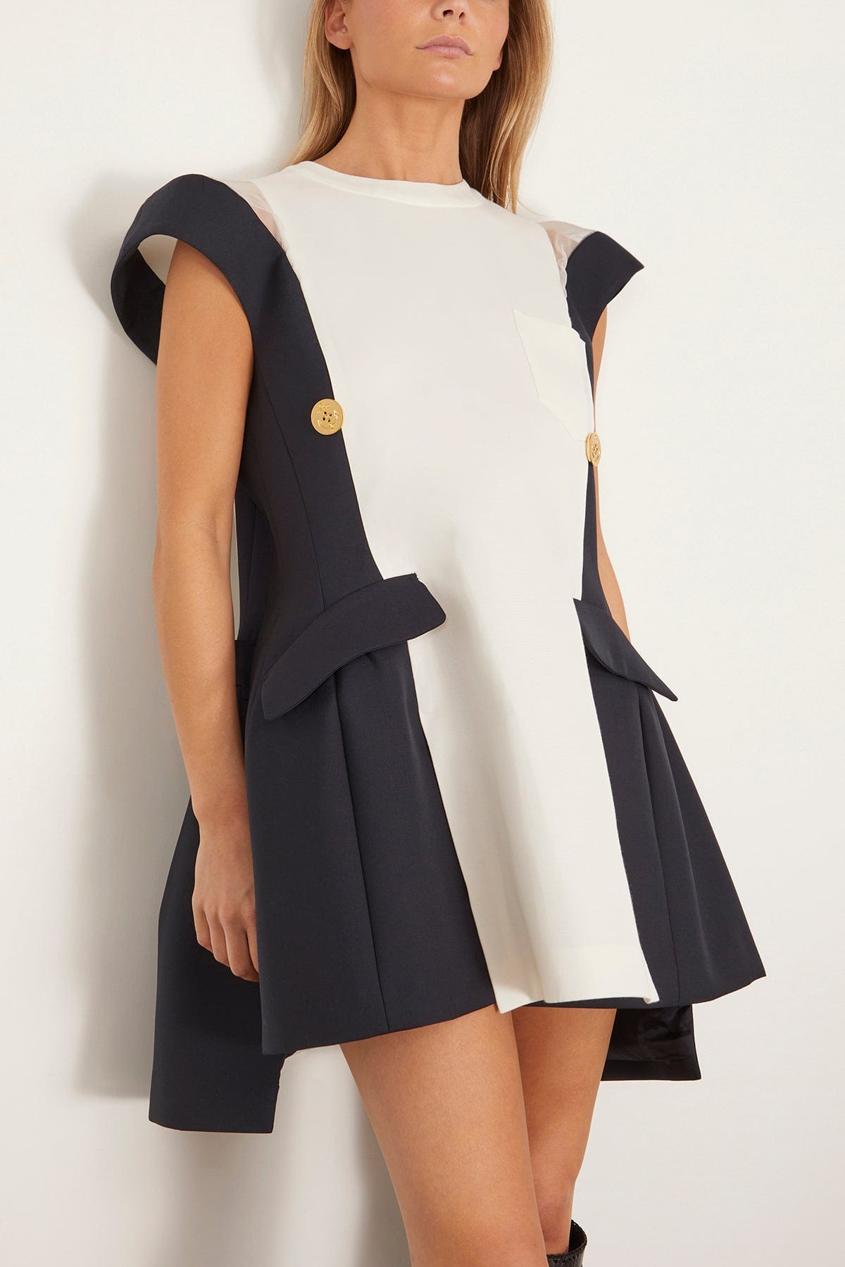 Double-Faced Silk Cotton Dress in Off White and Navy - 3