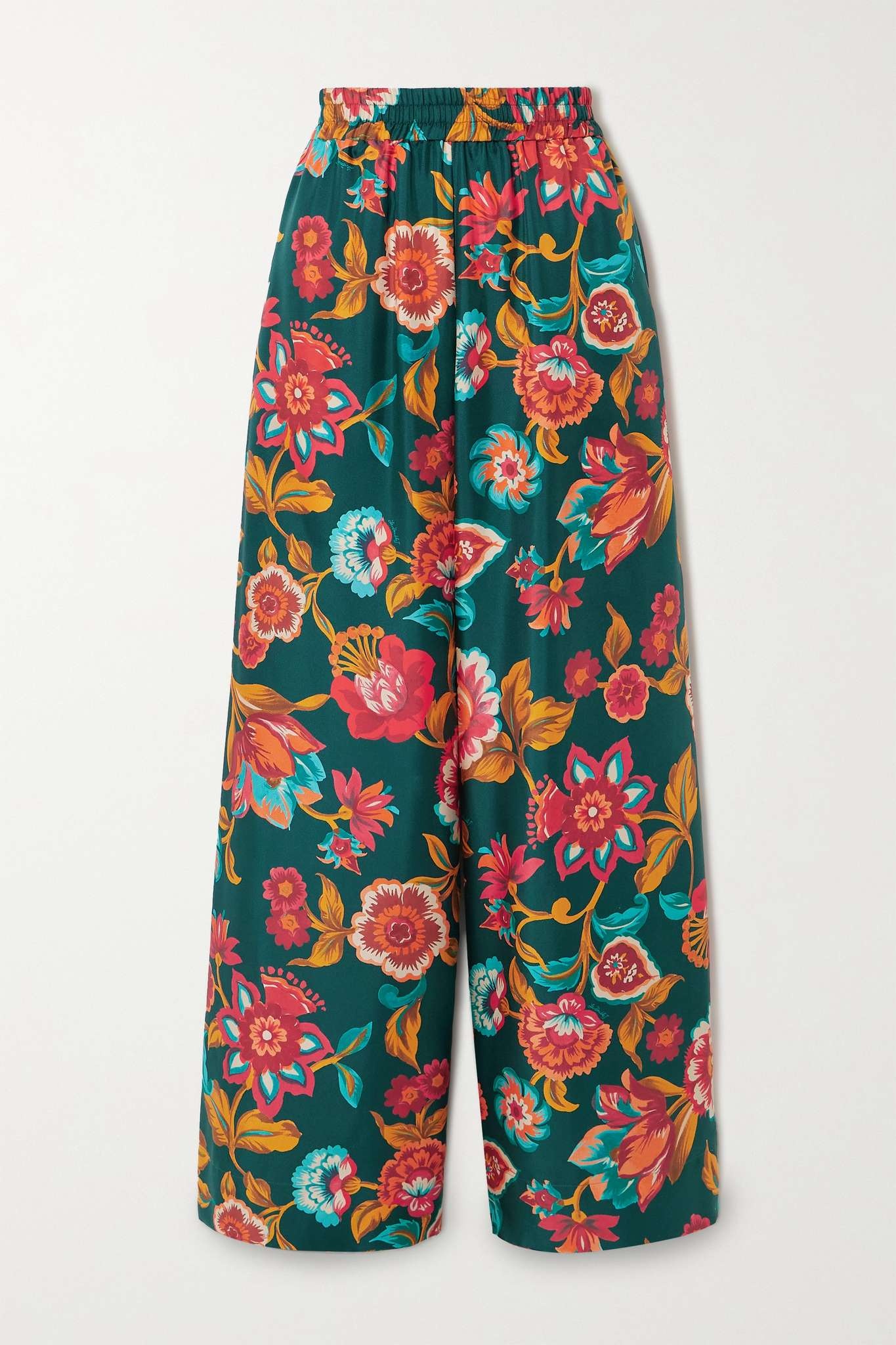 Floral-print silk-twill wide-leg pants - 1