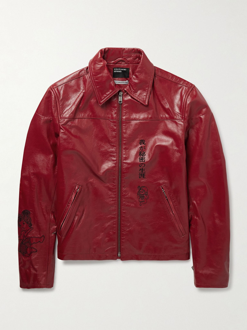 The Bully Distressed Embroidered Tumbled-Leather Jacket Red 1