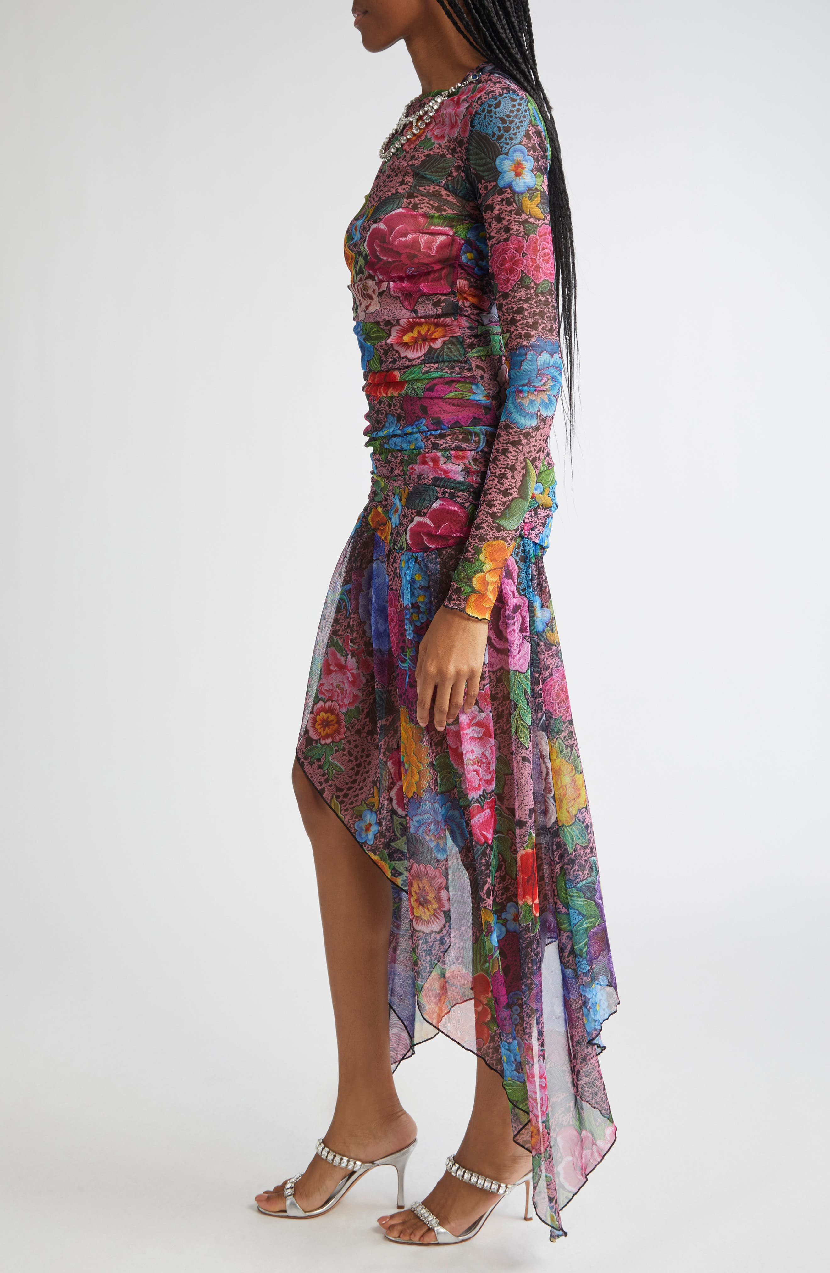 Area Crystal Embellished Floral Long Sleeve Tulle Midi Dress in Pink Multi at Nordstrom - 3