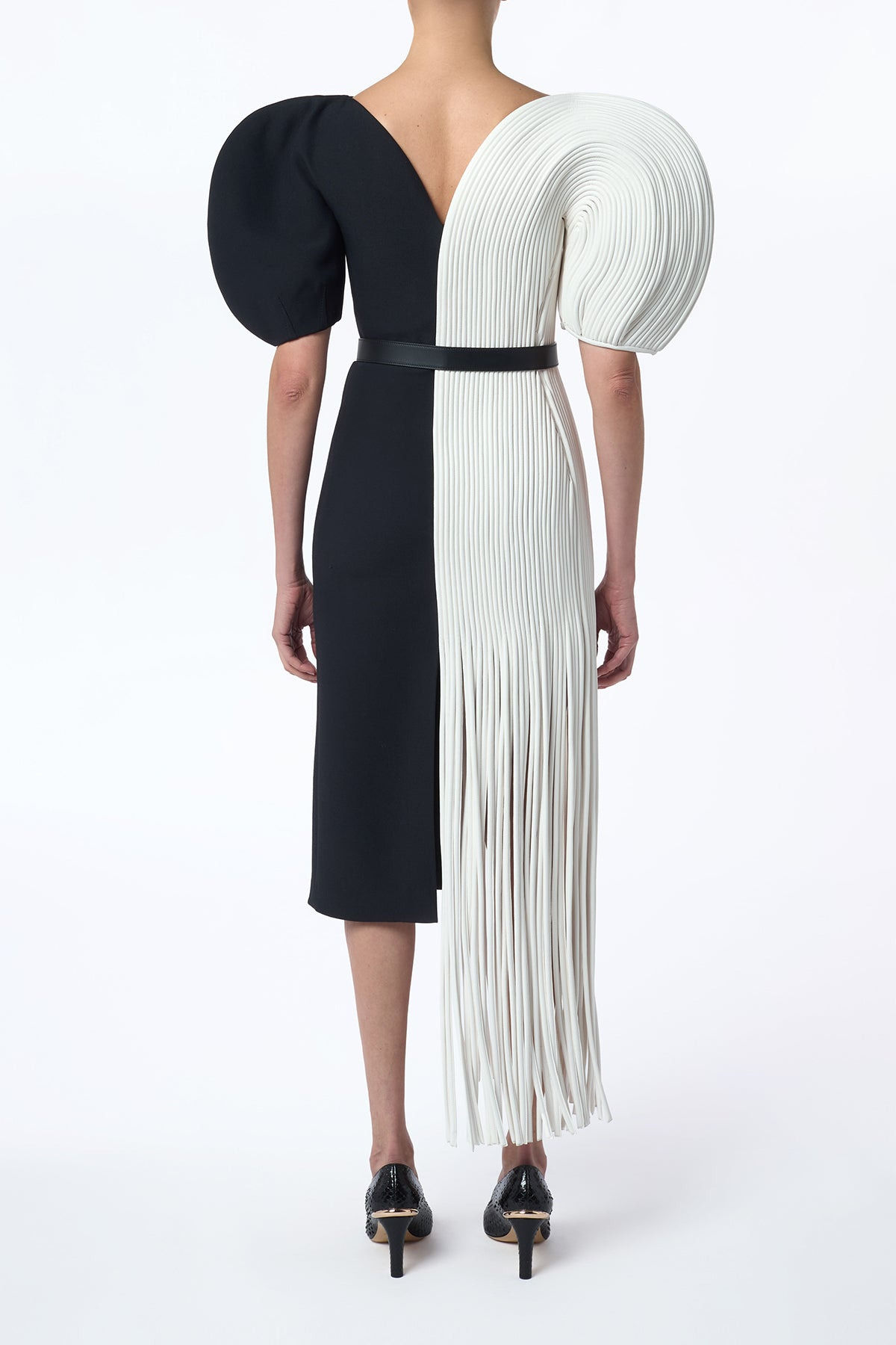 Lysander Fringe Midi Dress in Ivory Nappa Leather & Black Wool Silk Cady - 6