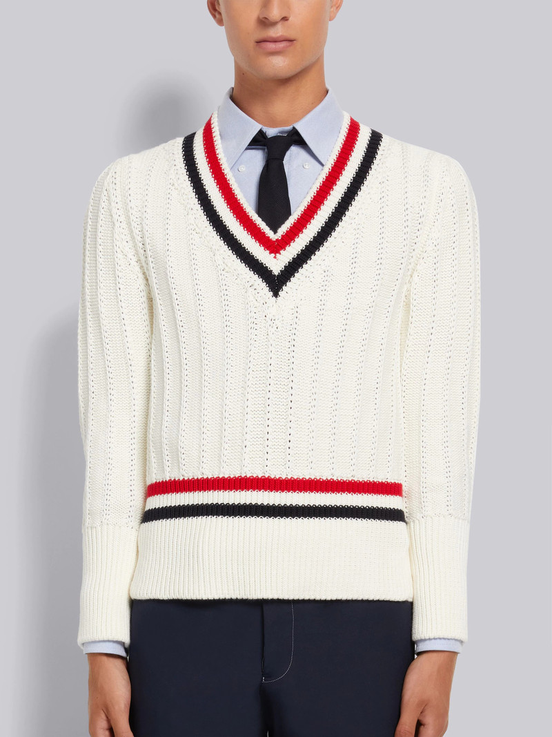 White Cotton Stripe Trim Cable Knit V-Neck Pullover 1