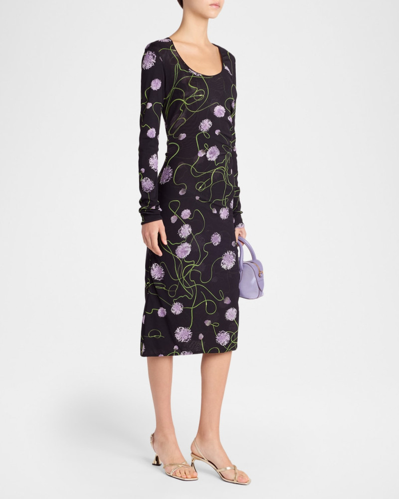 Twisted Flower-Print Ruched Mesh Long-Sleeve Dress 4